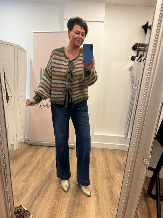 Striped, Tie Front Cardigan with Balloon Sleeve