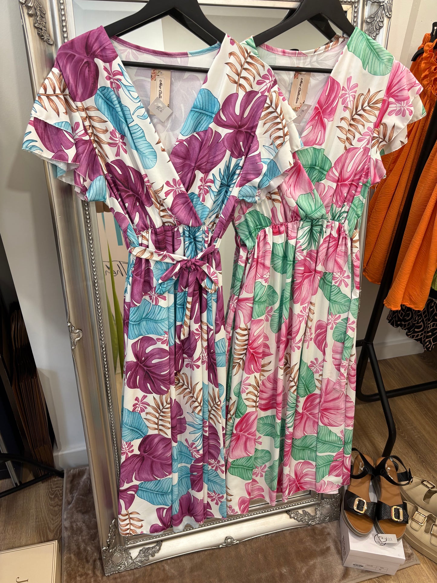 Leaf Design, Belted Maxi Wrap Dress