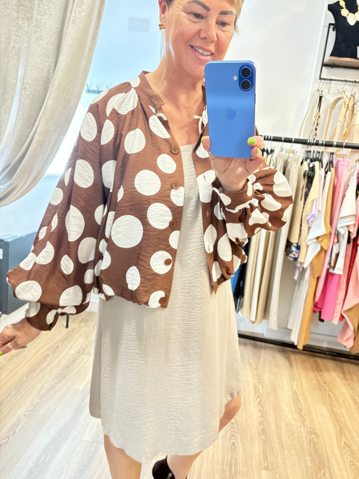 Spotty Gathered Hem Blouse/ Bomber Jacket