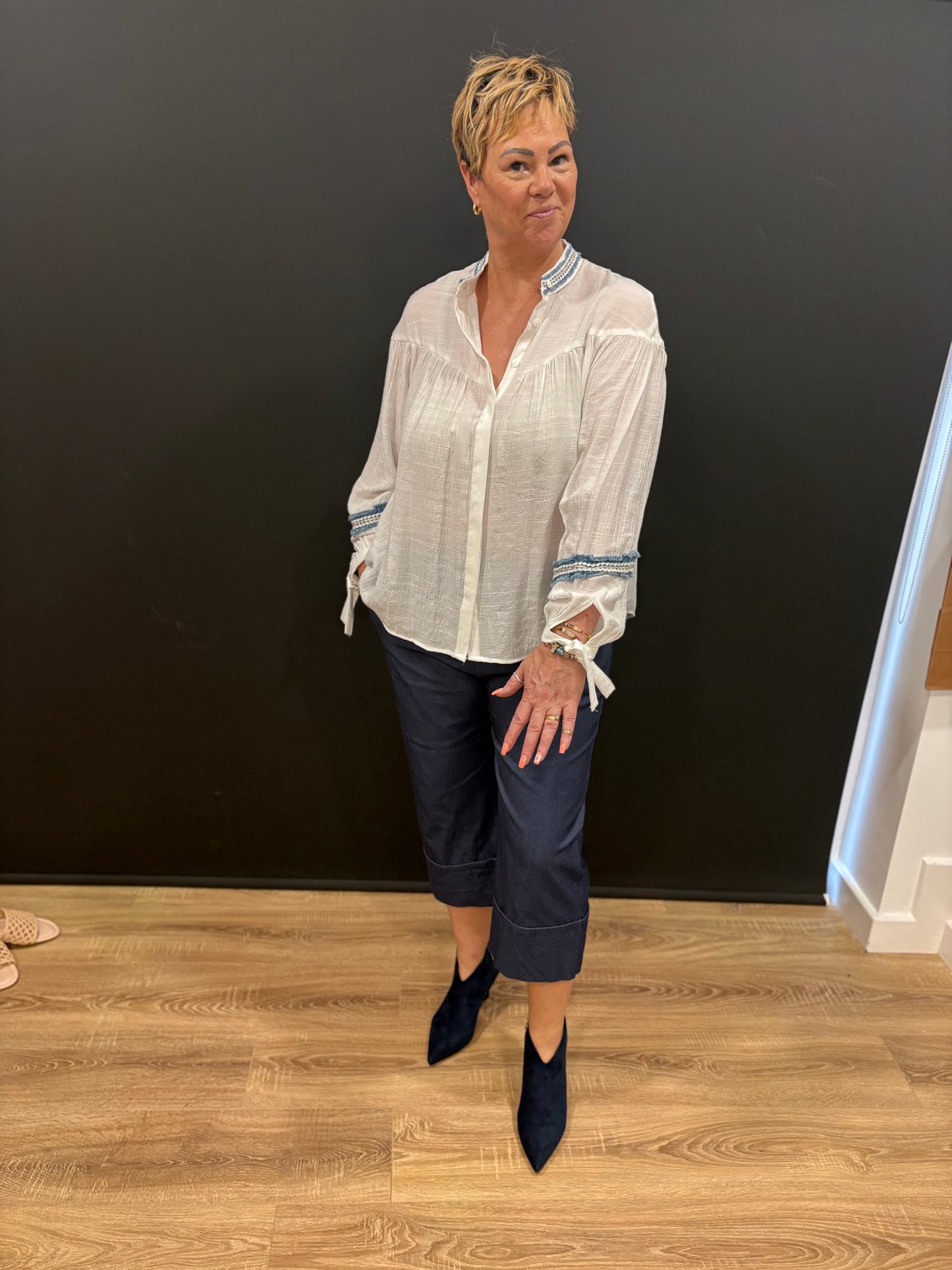 Crinkle Grandad Shirt with Denim Detail