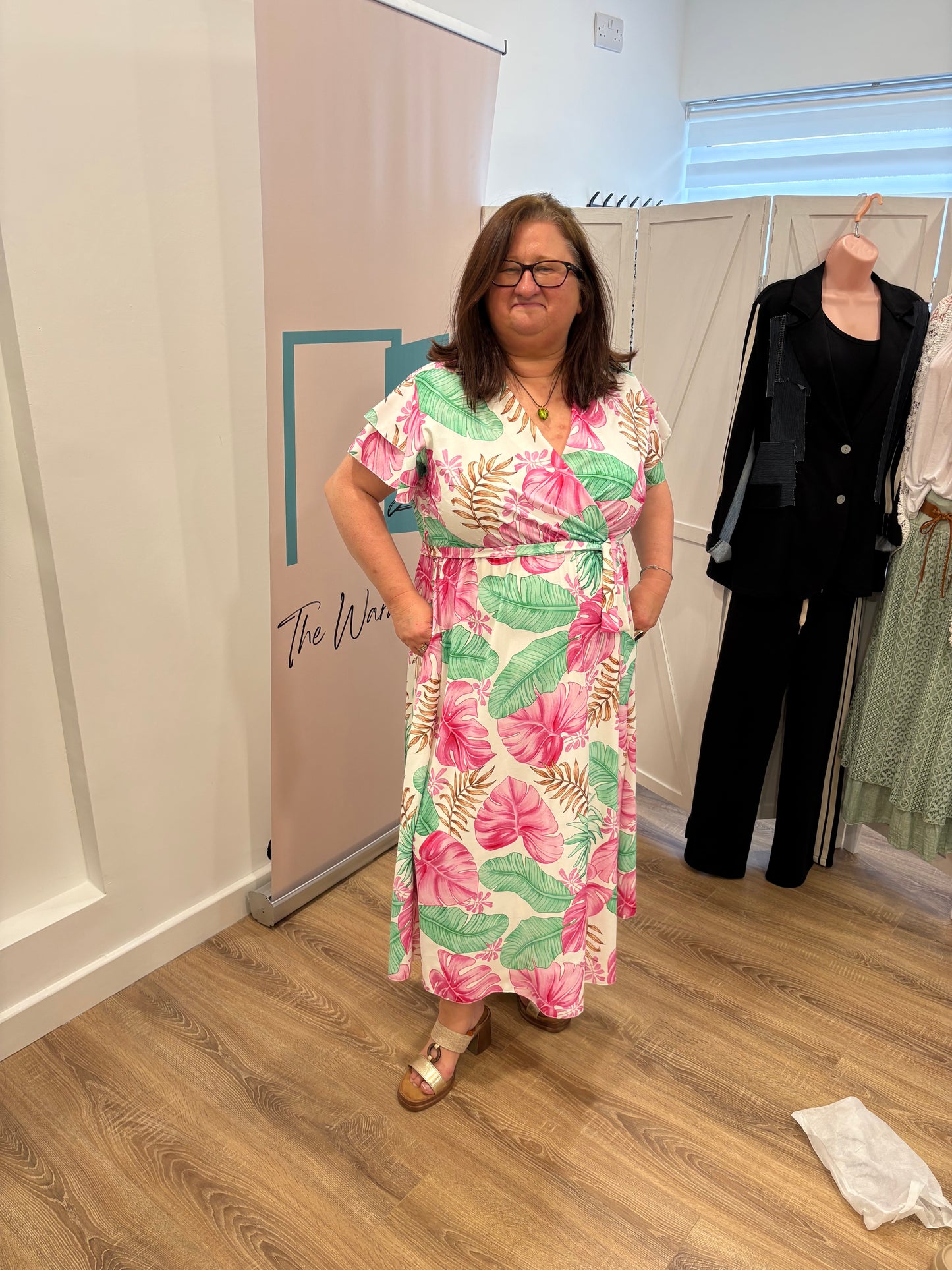 Leaf Design, Belted Maxi Wrap Dress