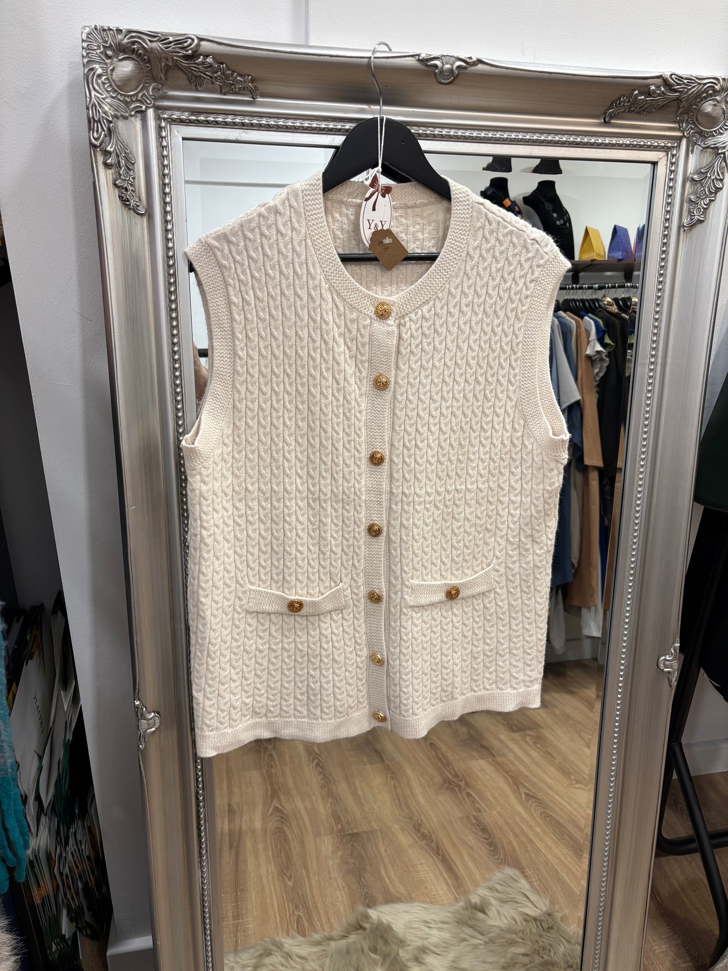 Fine Cable Tank Top with Gold Button Detail