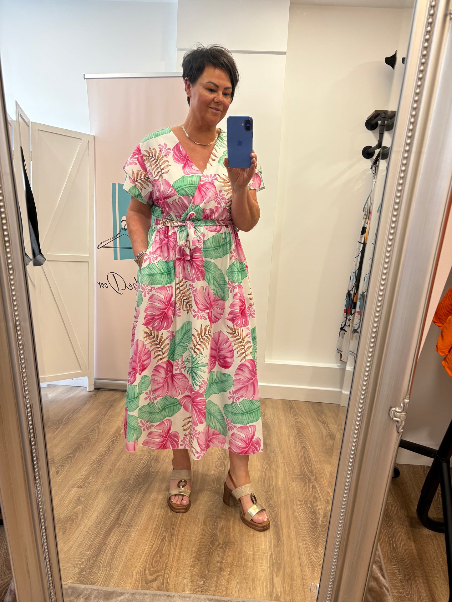 Leaf Design, Belted Maxi Wrap Dress