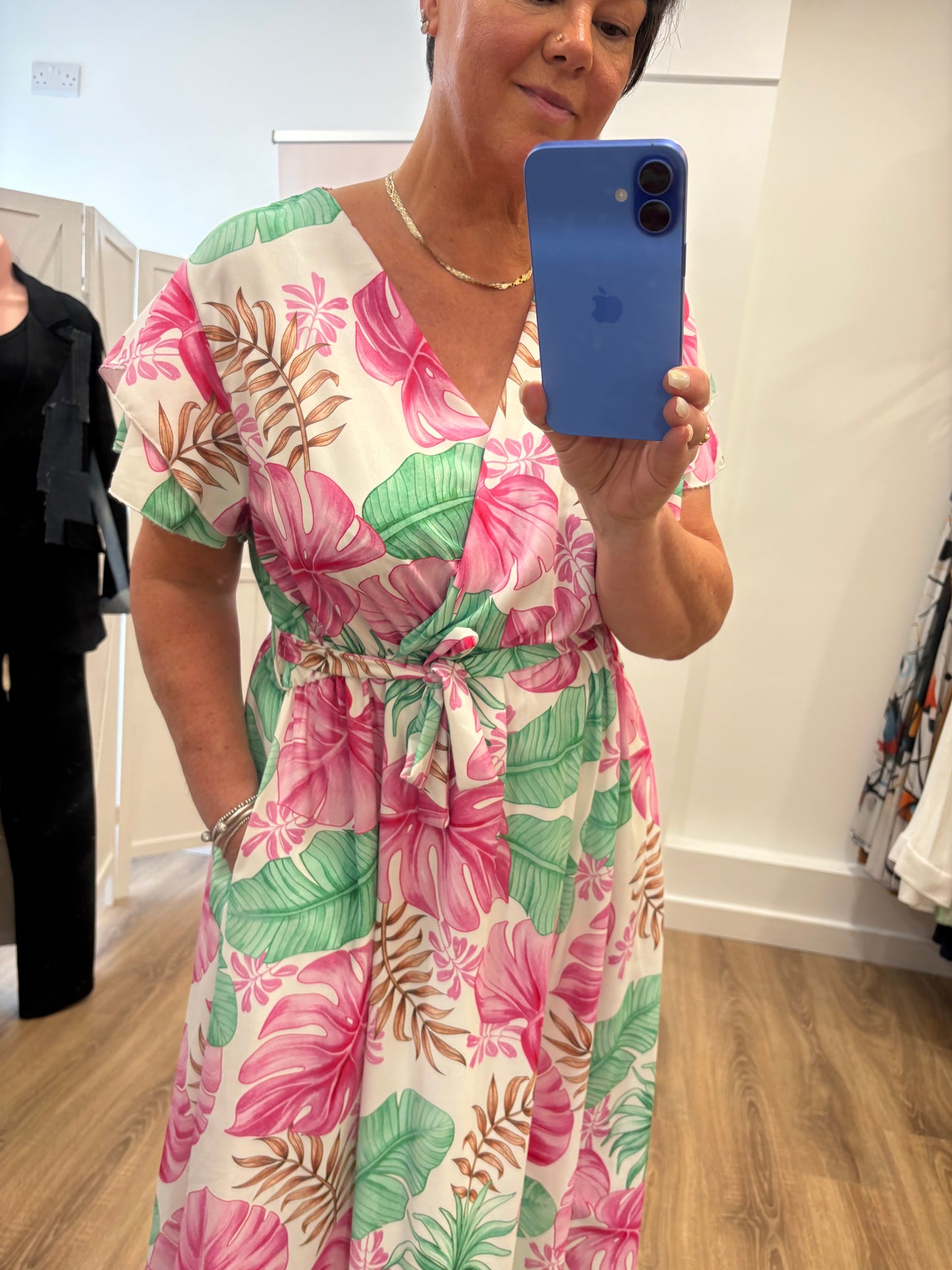Leaf Design, Belted Maxi Wrap Dress