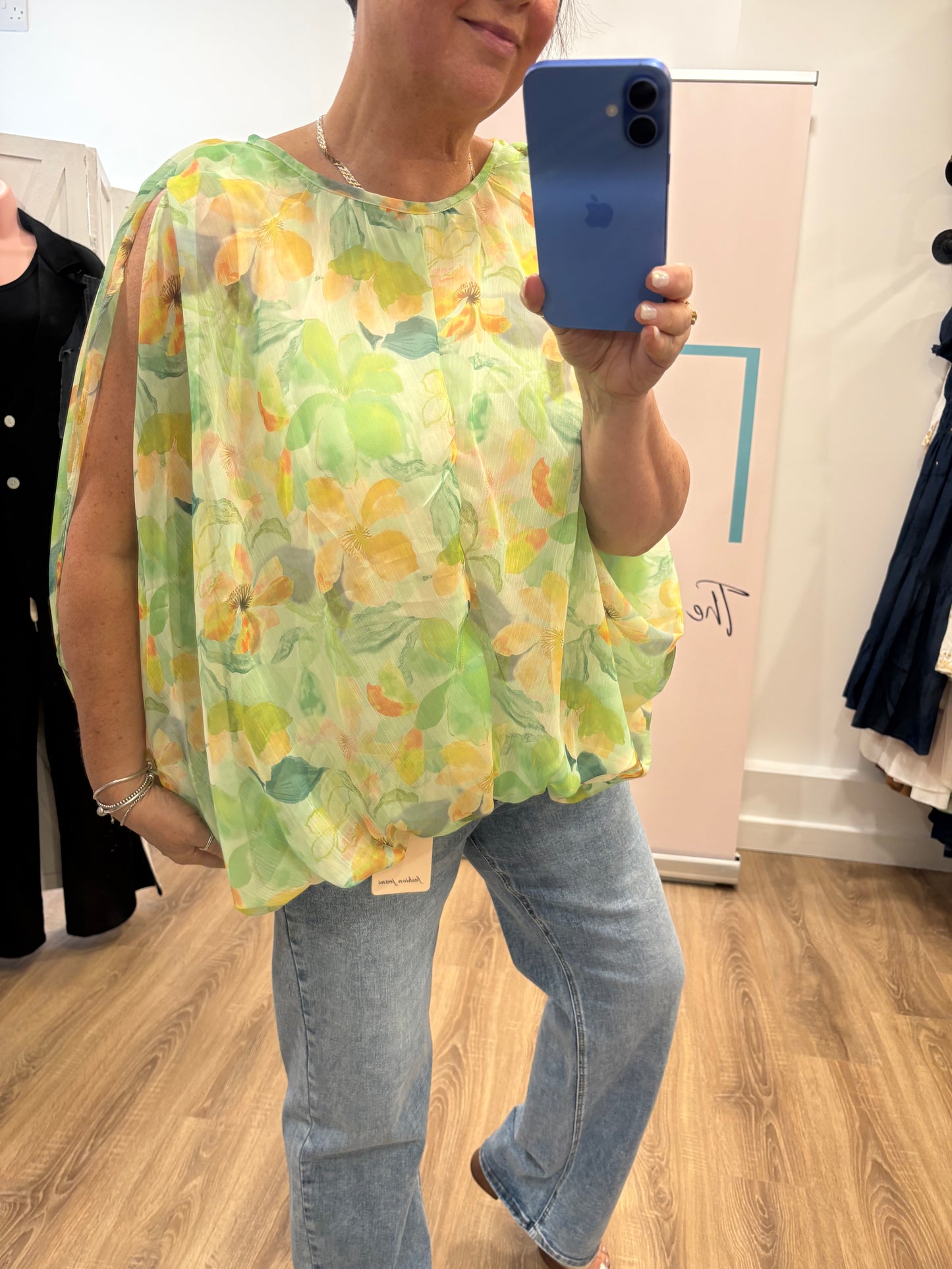 Chiffon Flower, Gathered Hem Blouse.