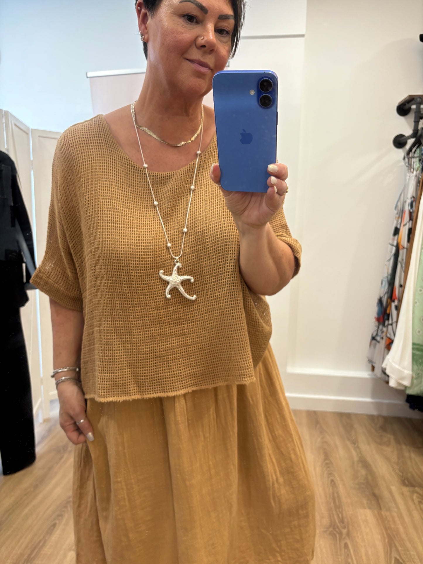 Linen Dress with Netted Top