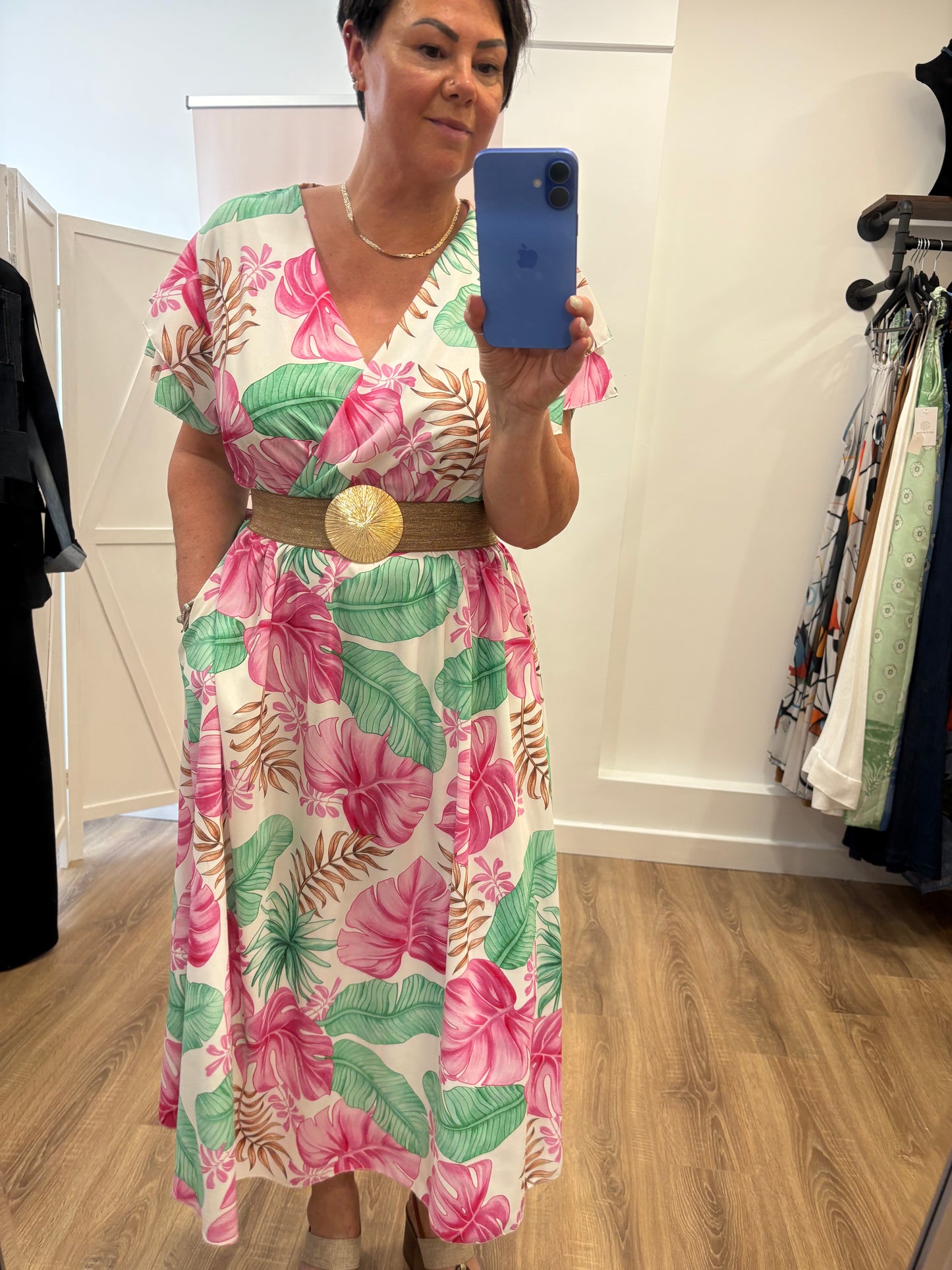 Leaf Design, Belted Maxi Wrap Dress
