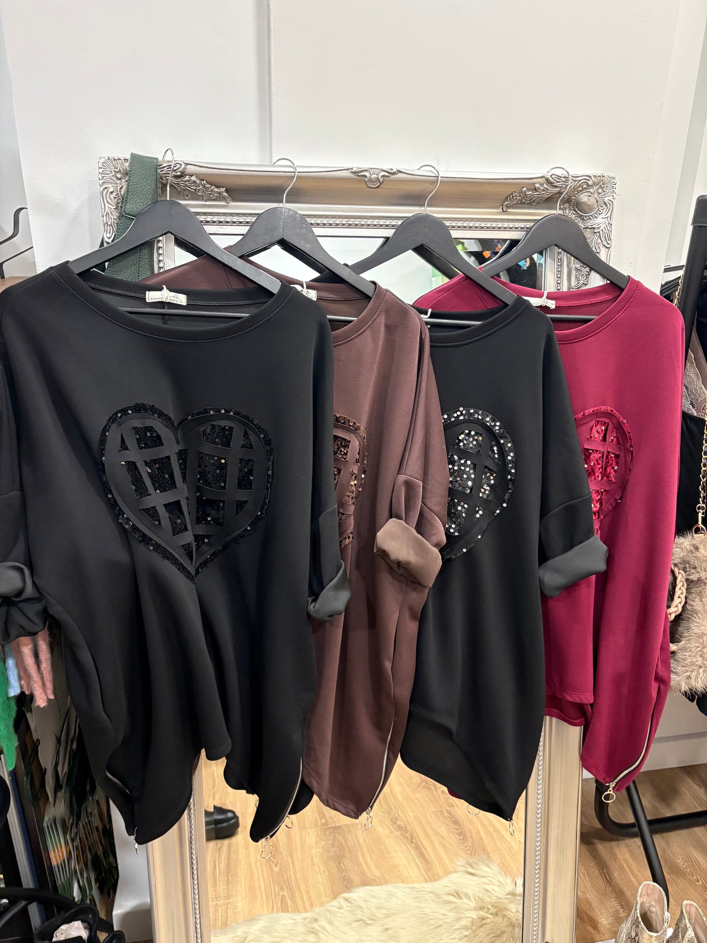 Sequin Heart Zip Sweatshirt