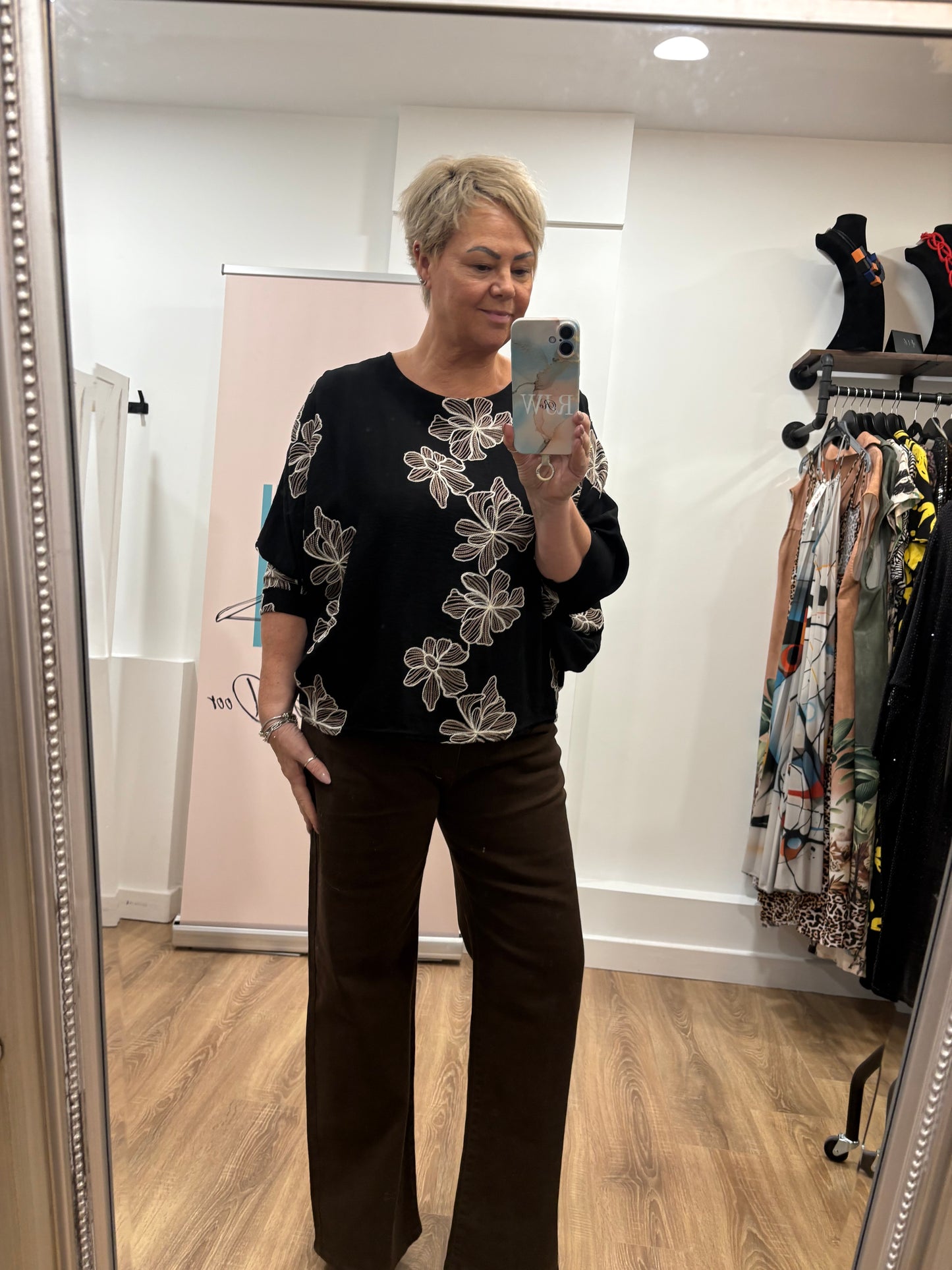 Flower Embroidered, Batwing Blouse