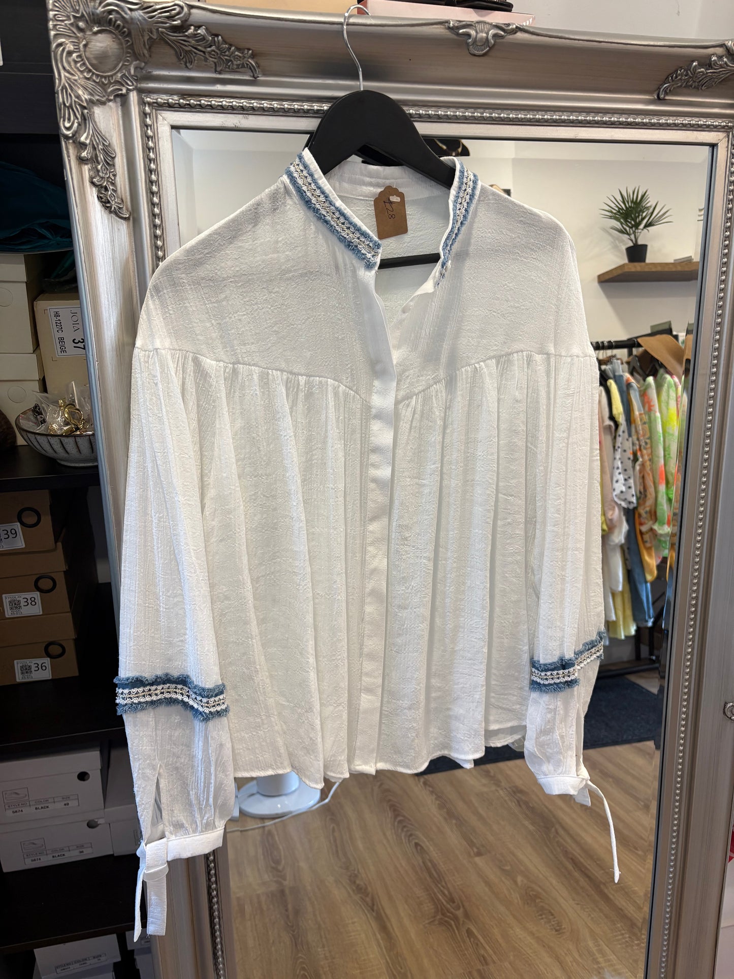 Crinkle Grandad Shirt with Denim Detail