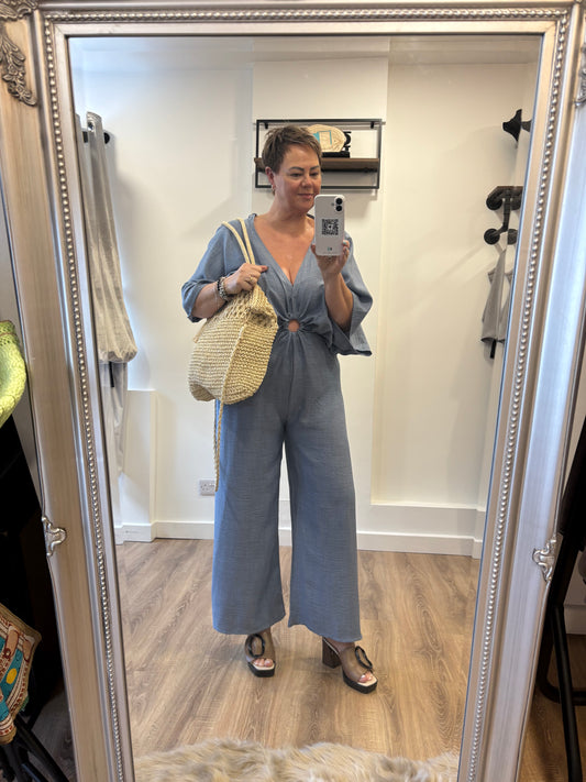 Ring Detail Batwing Jumpsuit - Denim Blue