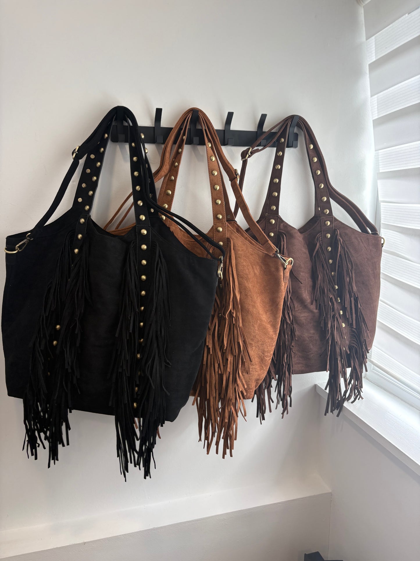 Large, Studded, Fringed, Suedette Slouch Bag