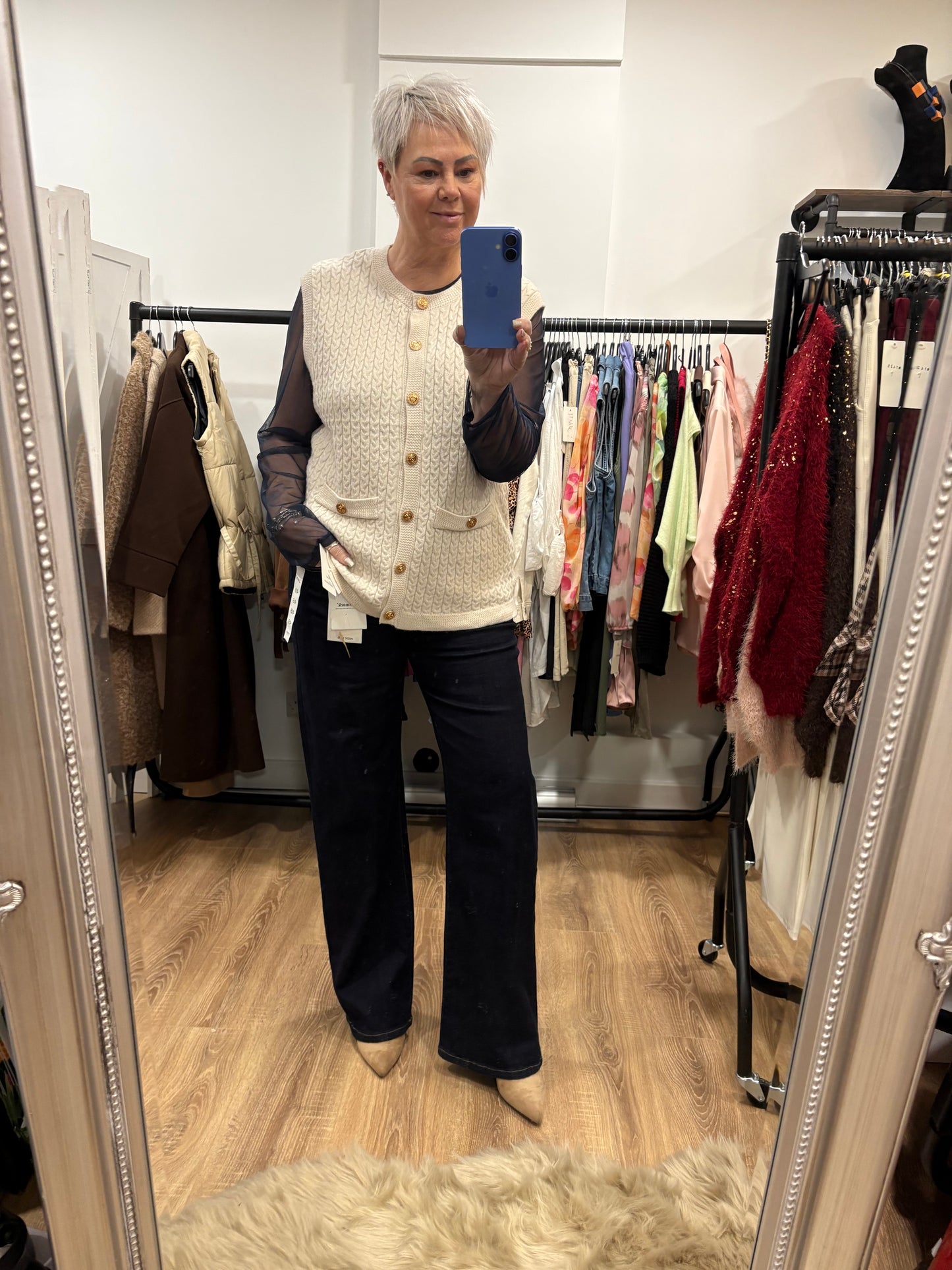 Fine Cable Tank Top with Gold Button Detail