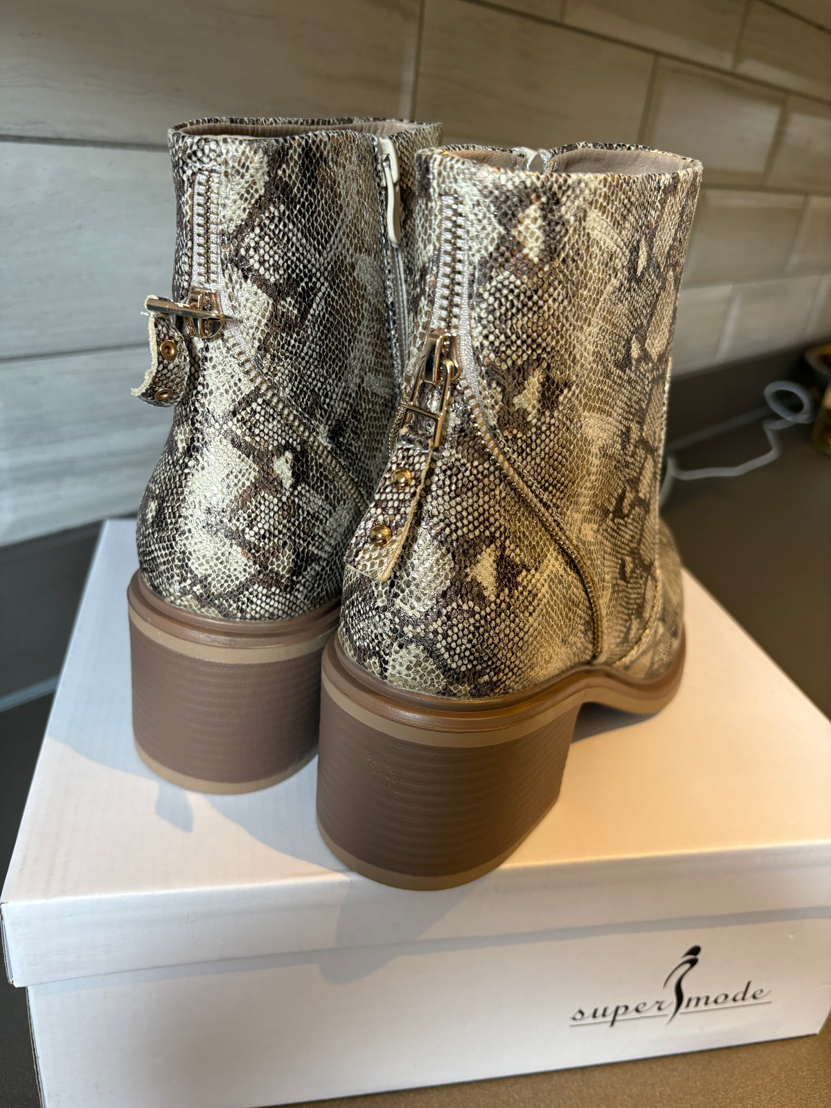 Brown, Snakeskin, Block Heel, Ankle Boot