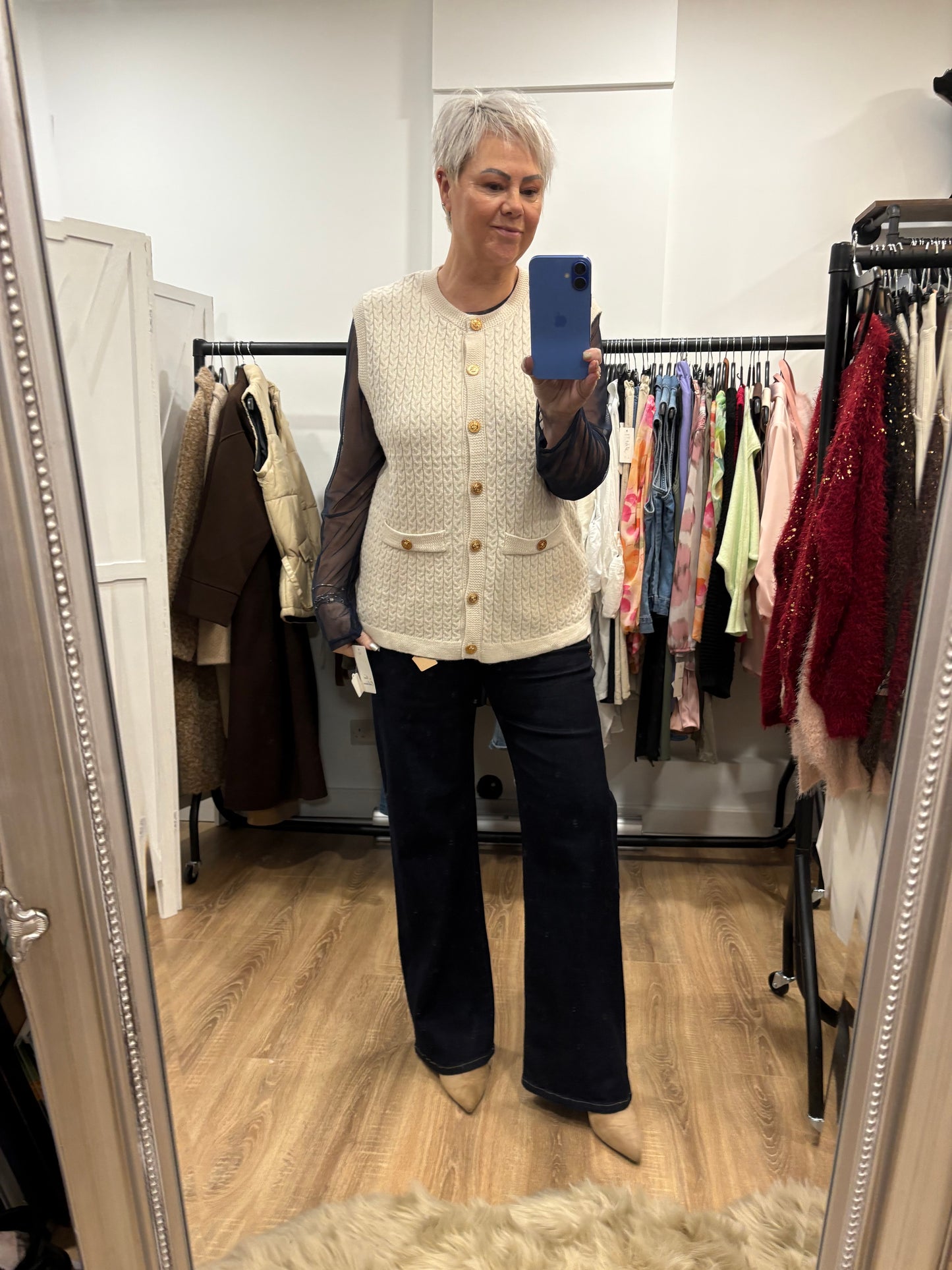 Fine Cable Tank Top with Gold Button Detail