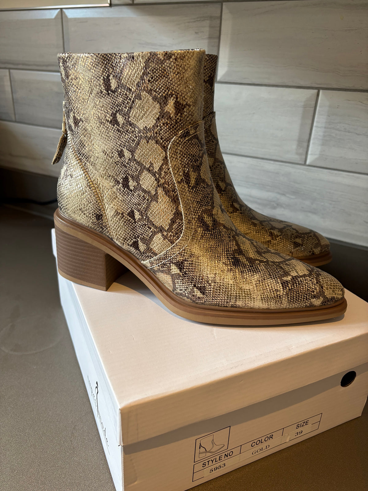 Brown, Snakeskin, Block Heel, Ankle Boot