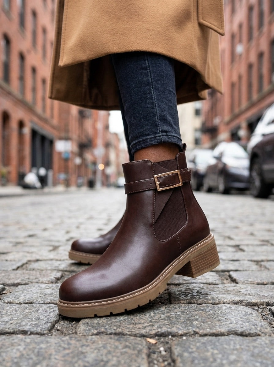 Flat, Buckle Detail Ankle Boots