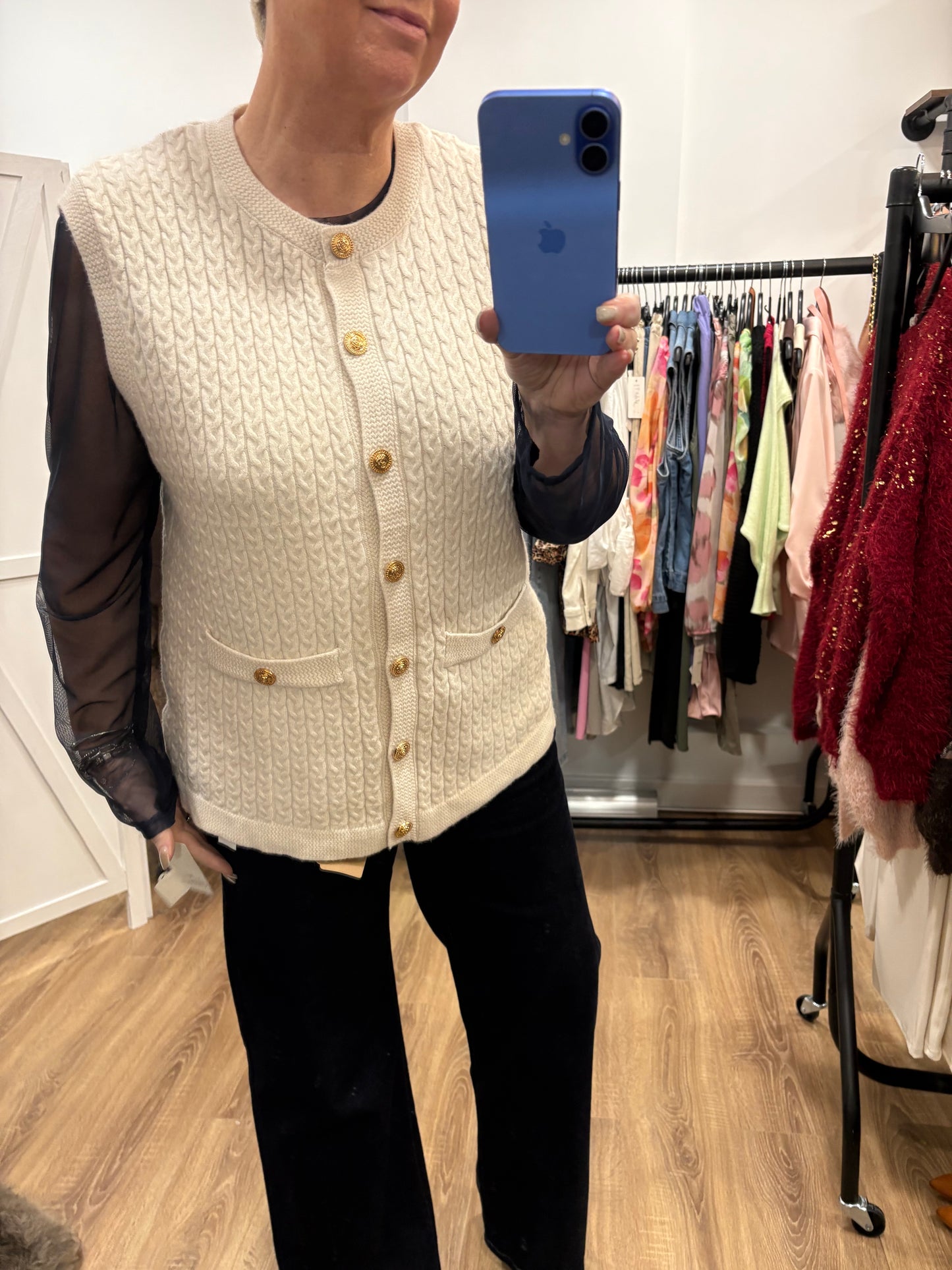 Fine Cable Tank Top with Gold Button Detail