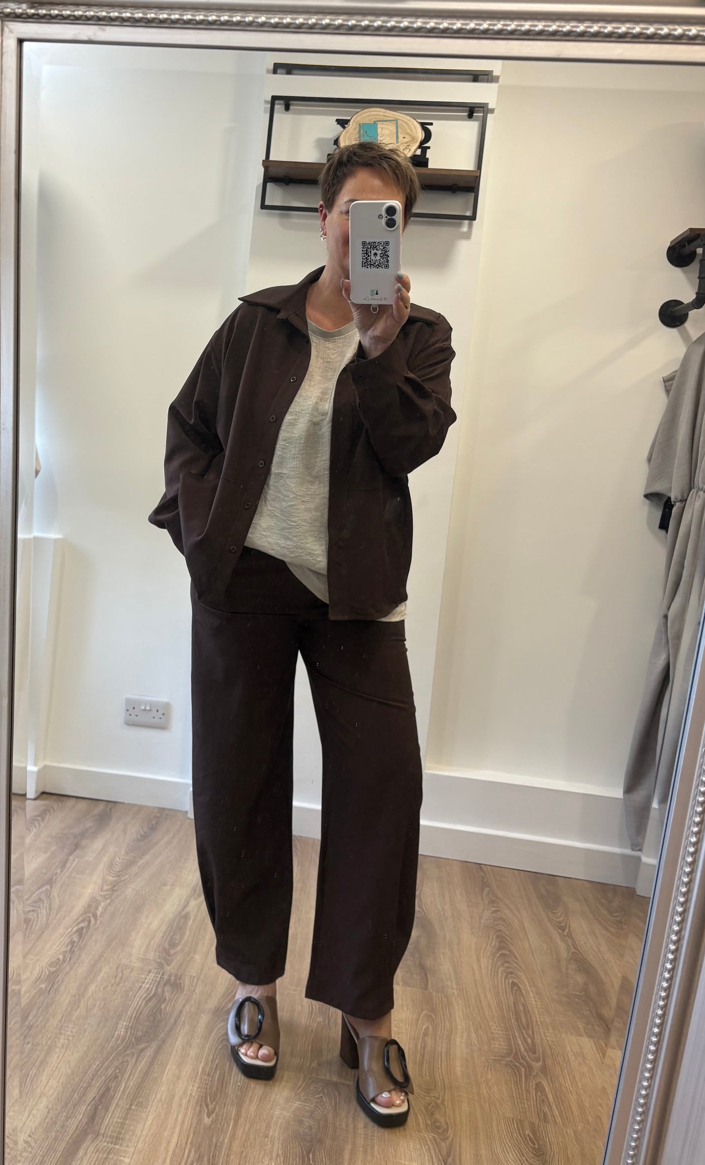 Shirt Style Jacket and Trouser Set - Brown