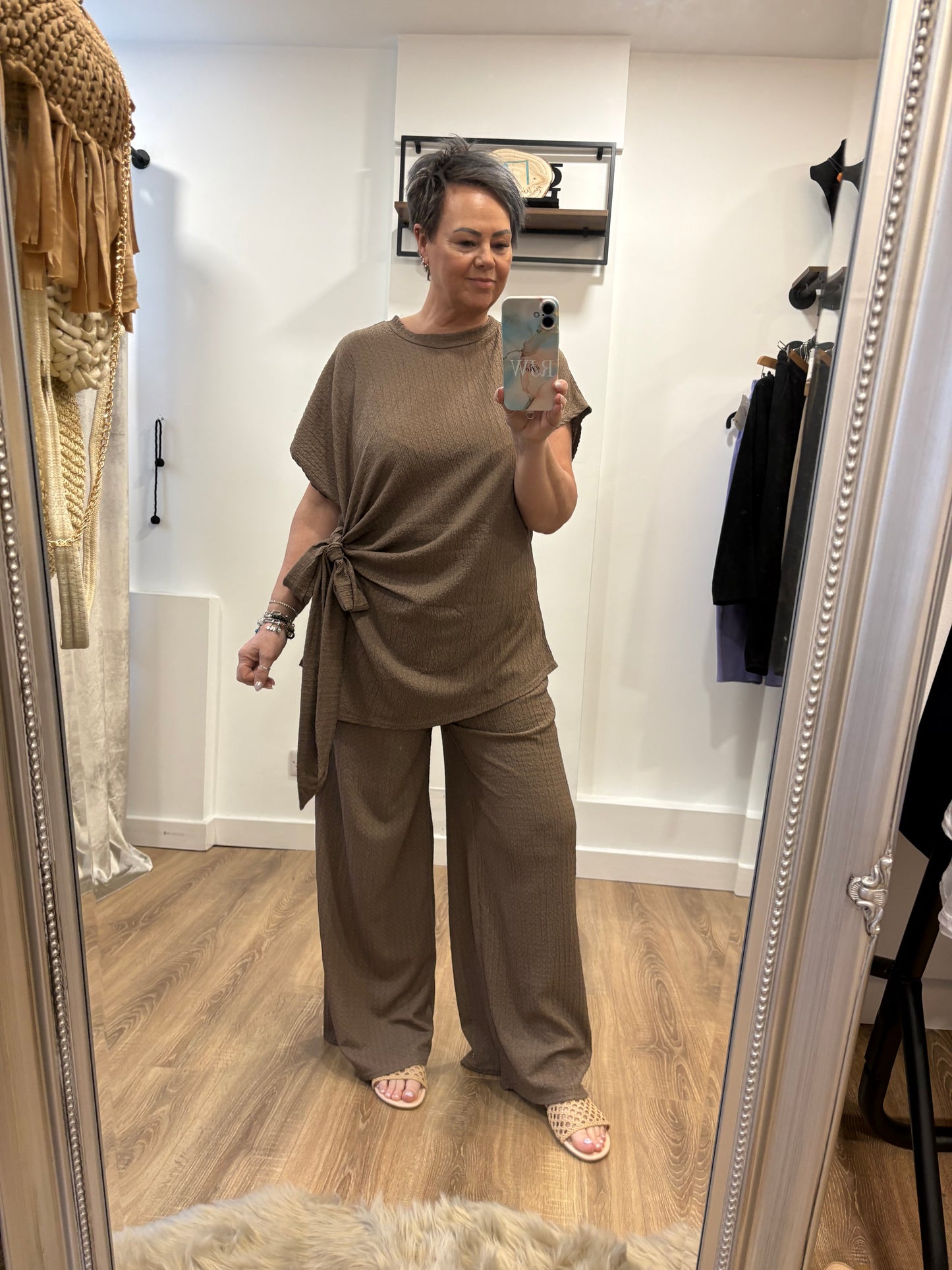 Tie Side, Crinkle Trouser Set - Mocha