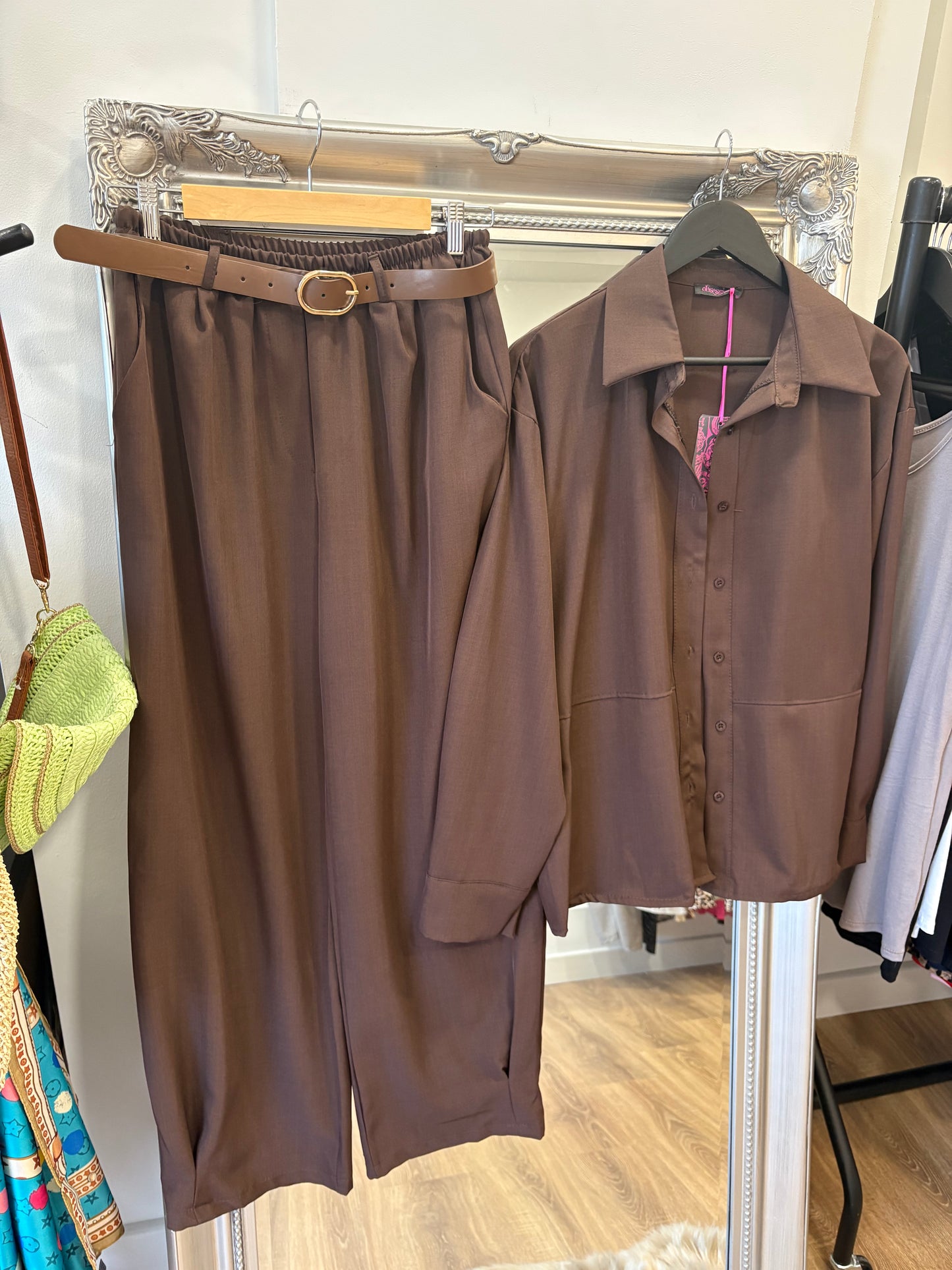Shirt Style Jacket and Trouser Set - Brown