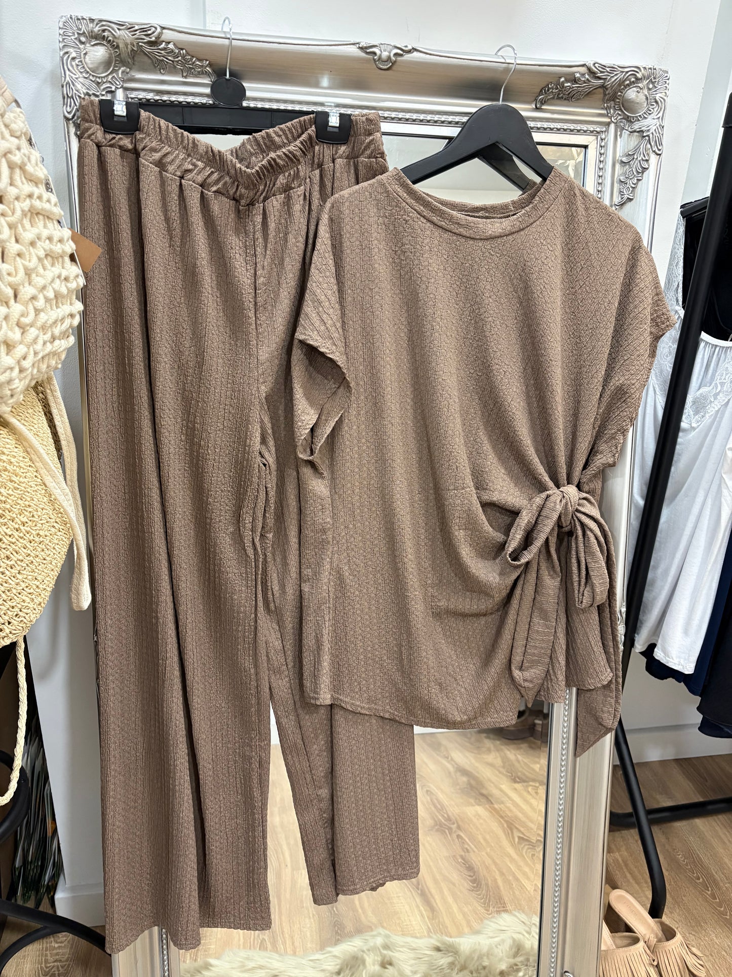Tie Side, Crinkle Trouser Set - Mocha