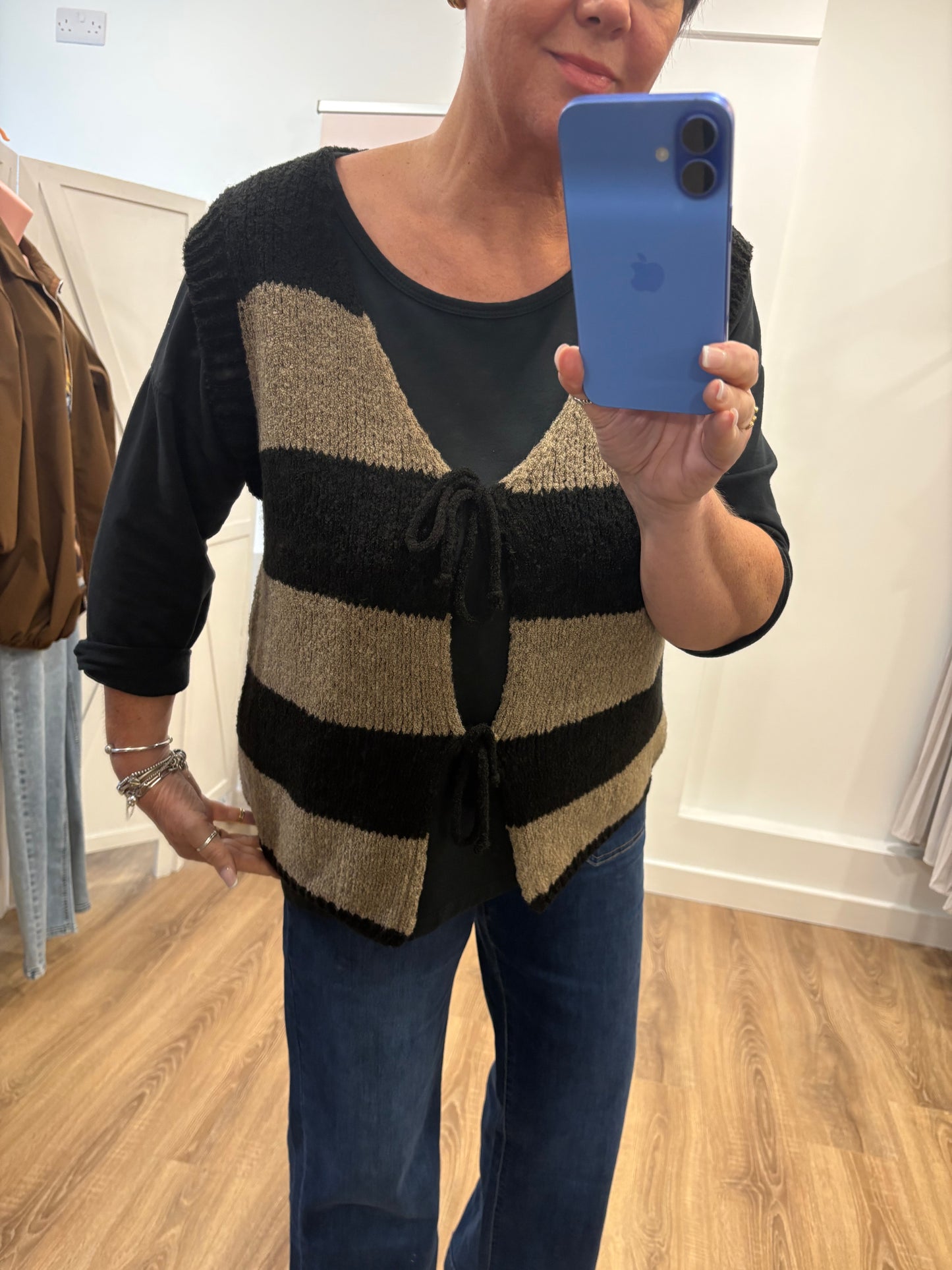 Striped, Sleeveless Cardigan with Tie Front