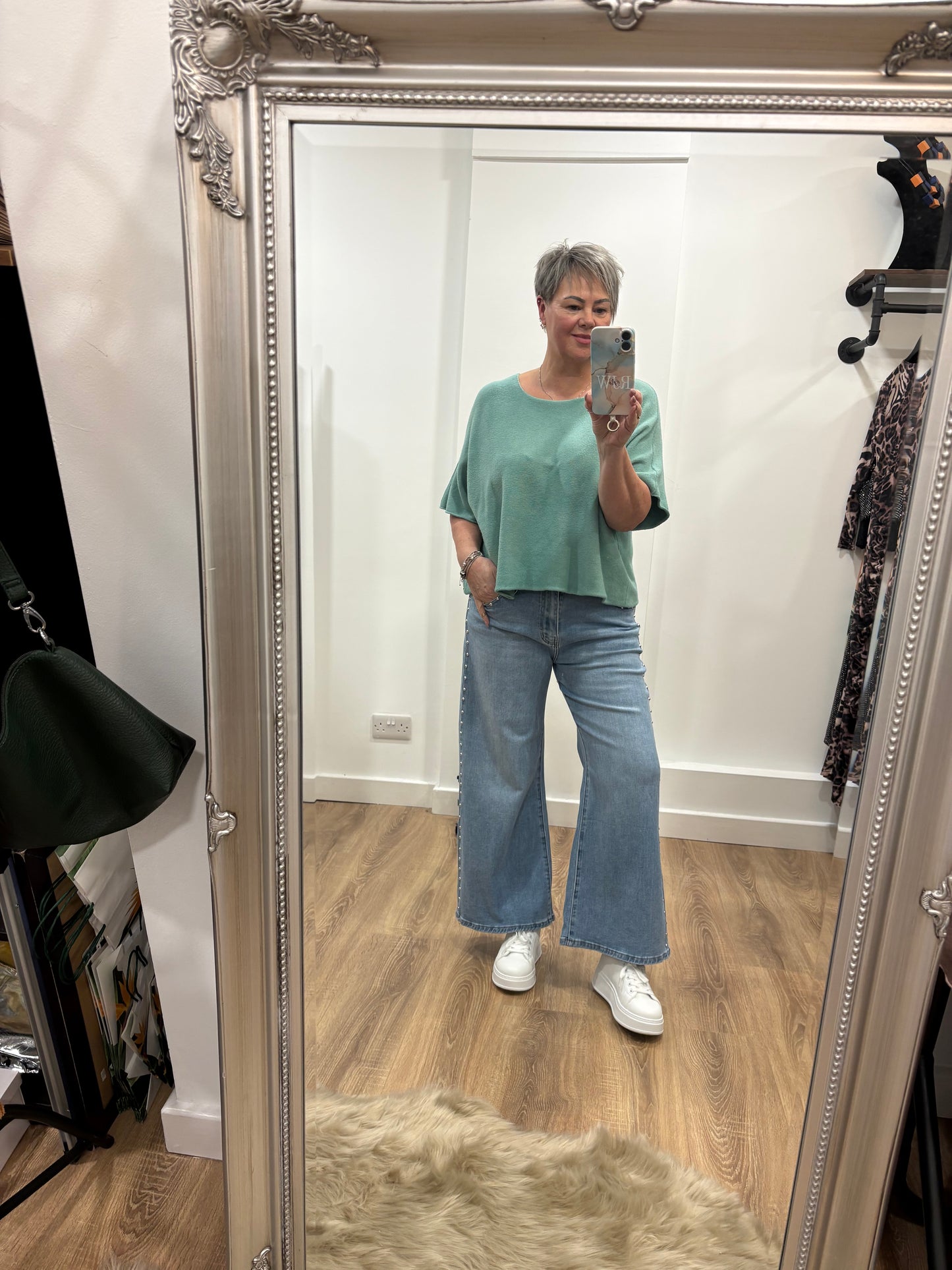 Silver Stud Detail, Wide Leg, Cropped Jeans.