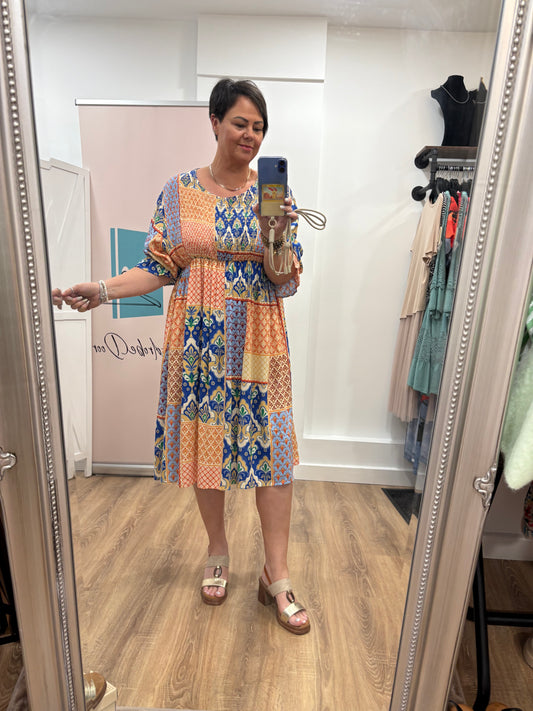 Shirred Top Patchwork Dress