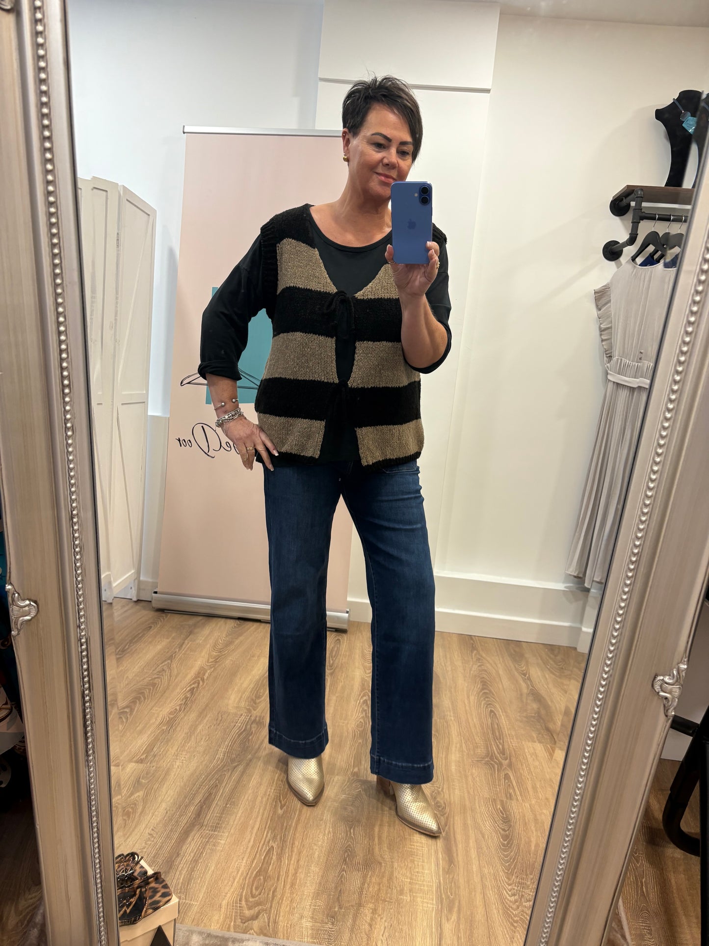 Striped, Sleeveless Cardigan with Tie Front