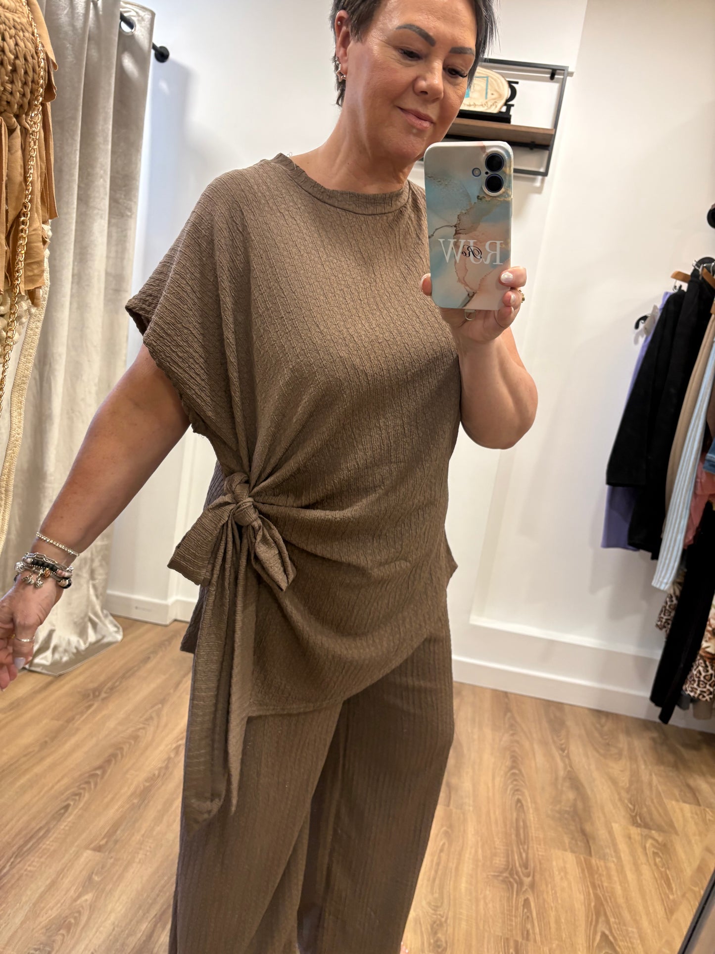 Tie Side, Crinkle Trouser Set - Mocha