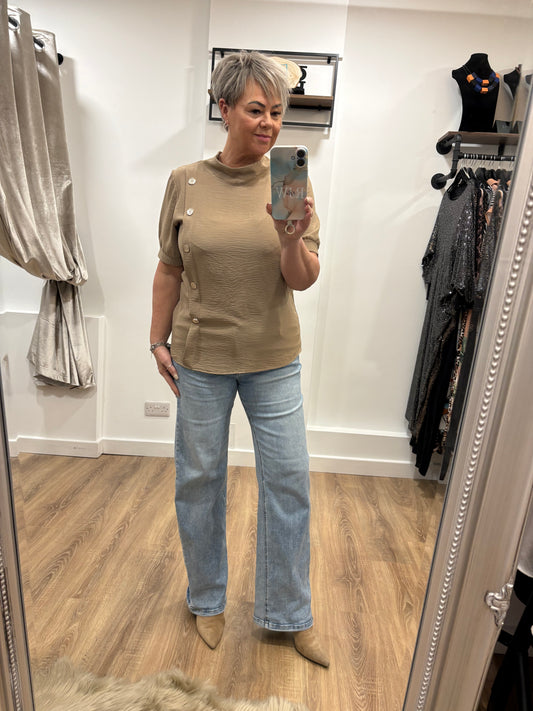 Side Button, Funnel Neck Blouse