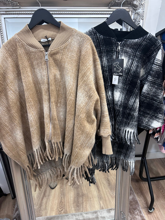 Fringe Bottom Zip Up Blanket Jacket