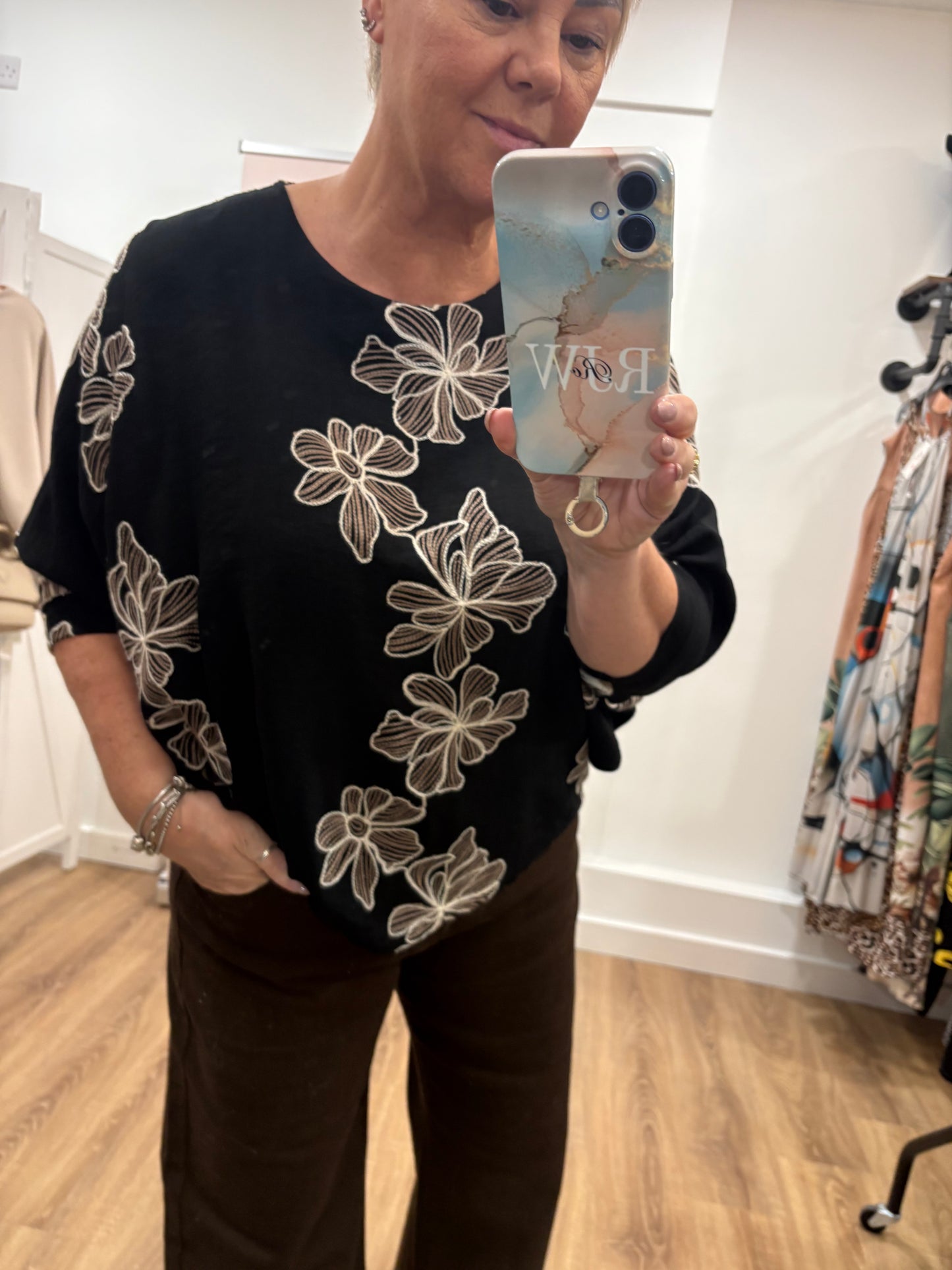 Flower Embroidered, Batwing Blouse