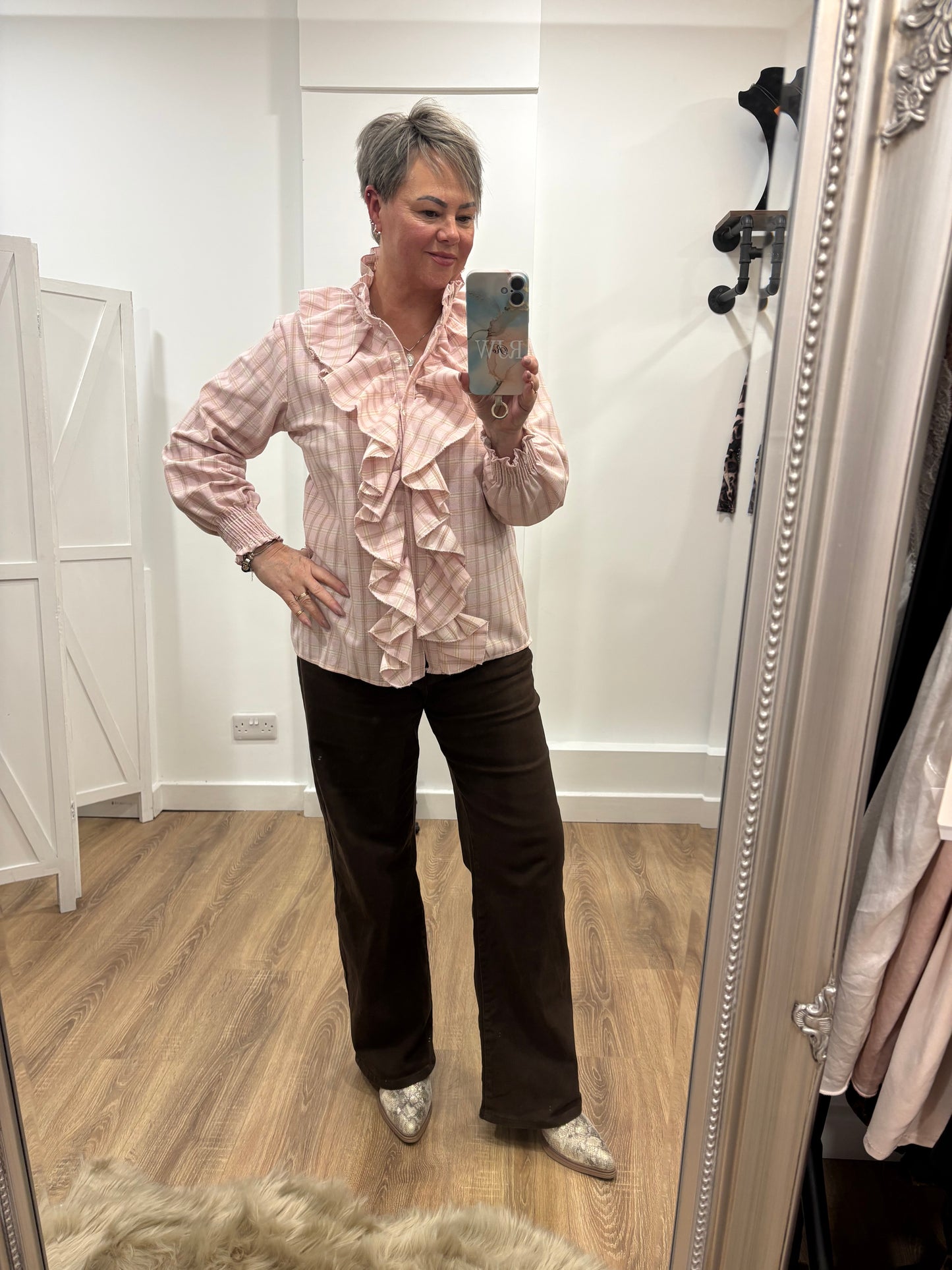 Check, Frill Front Blouse