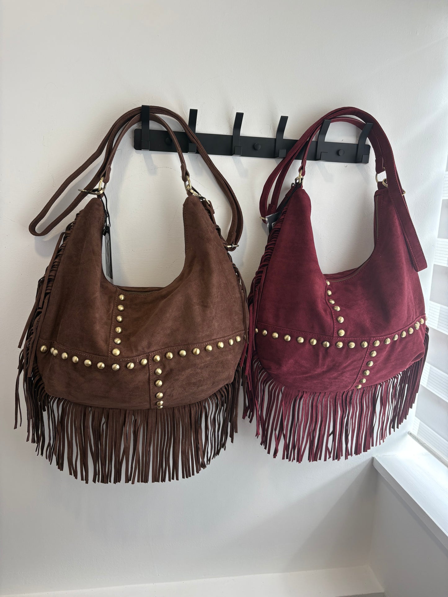 Medium, Studded, Fringed, Suedette Slouch Bag