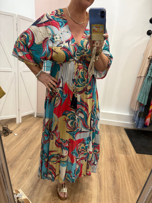 Tassel Tie, Pattern, Gold Thread Maxi Dress