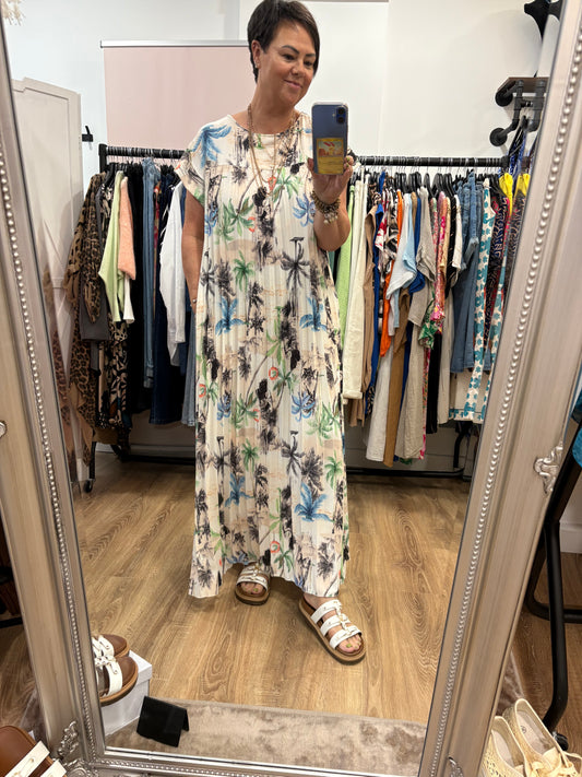 Palm Tree Pleated Maxi Dress