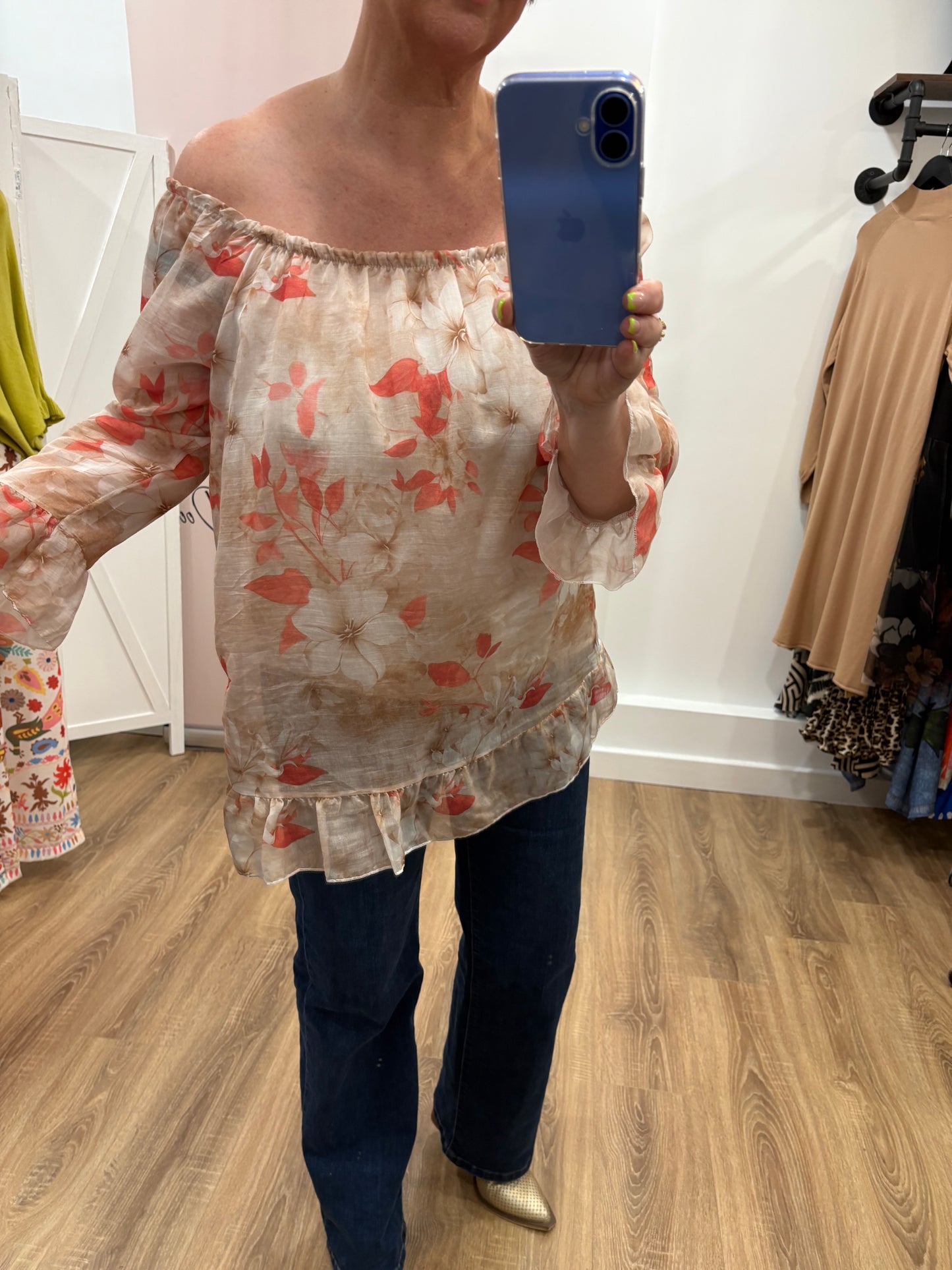 Silk Flower Bardot Blouse