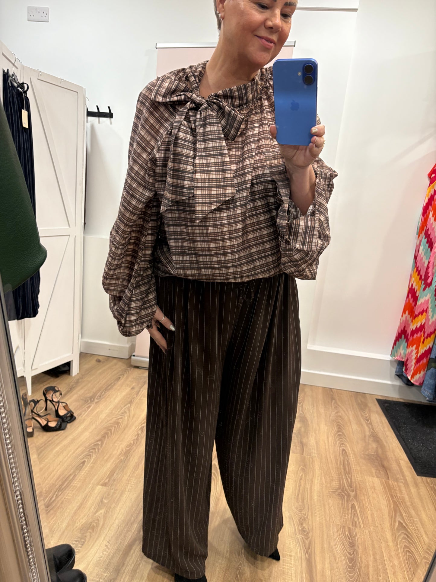 Bow Tie Neck, Checked Blouse