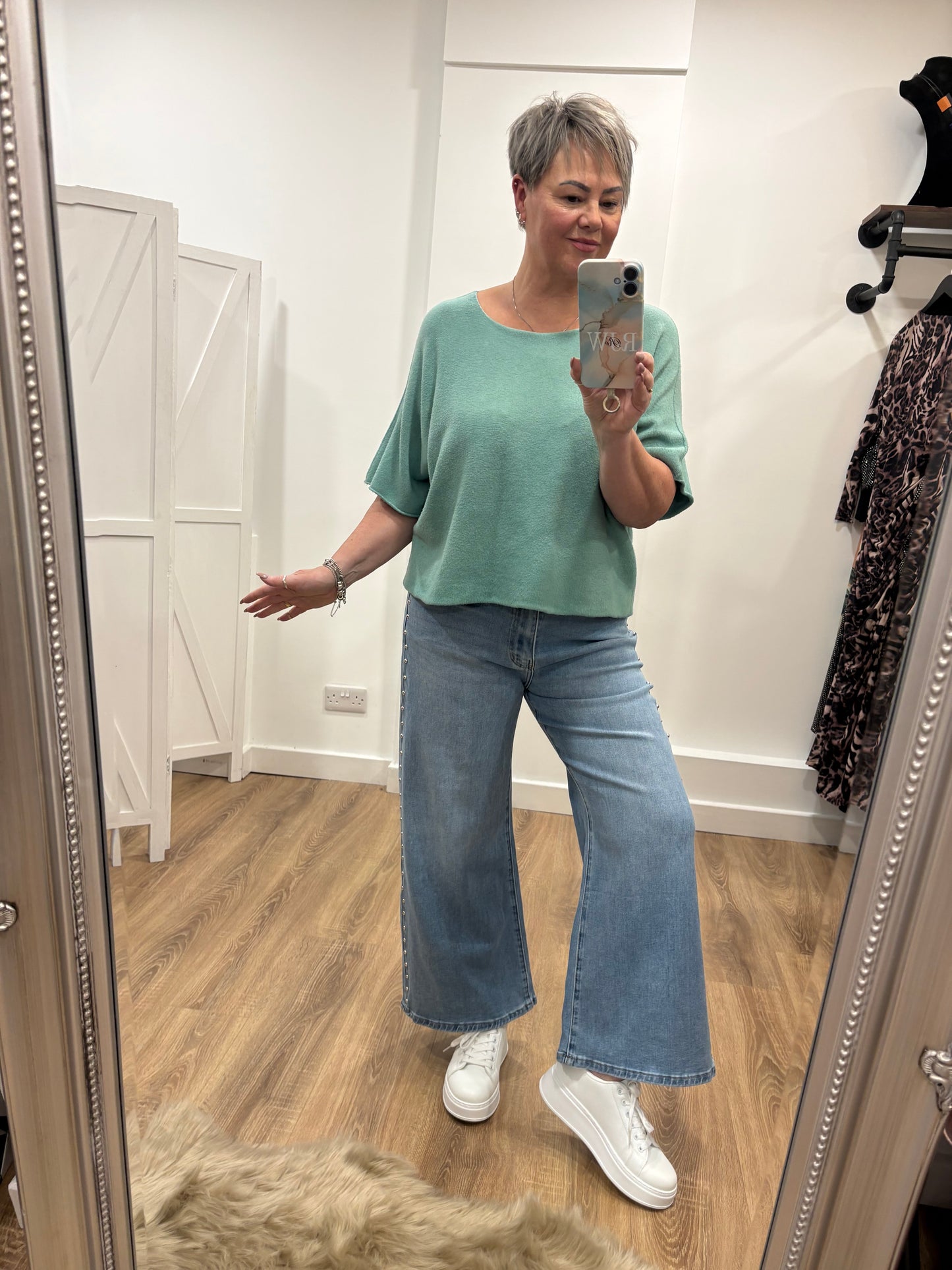 Silver Stud Detail, Wide Leg, Cropped Jeans.