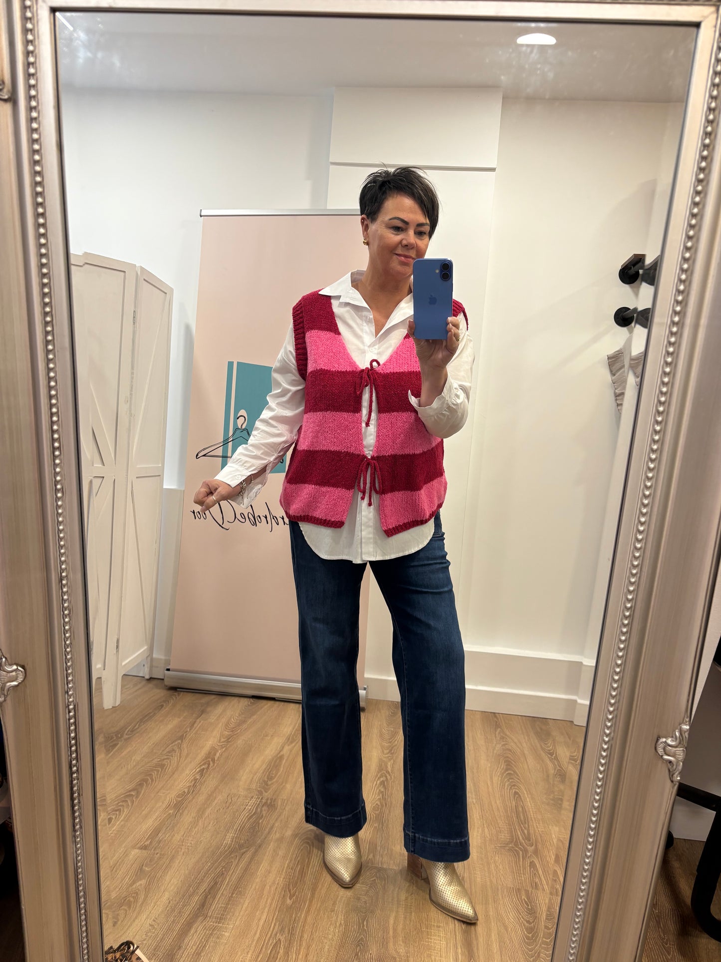 Striped, Sleeveless Cardigan with Tie Front