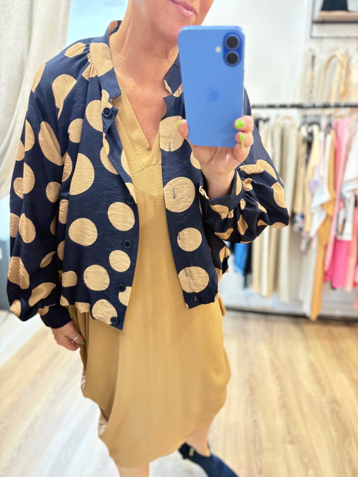 Spotty Gathered Hem Blouse/ Bomber Jacket