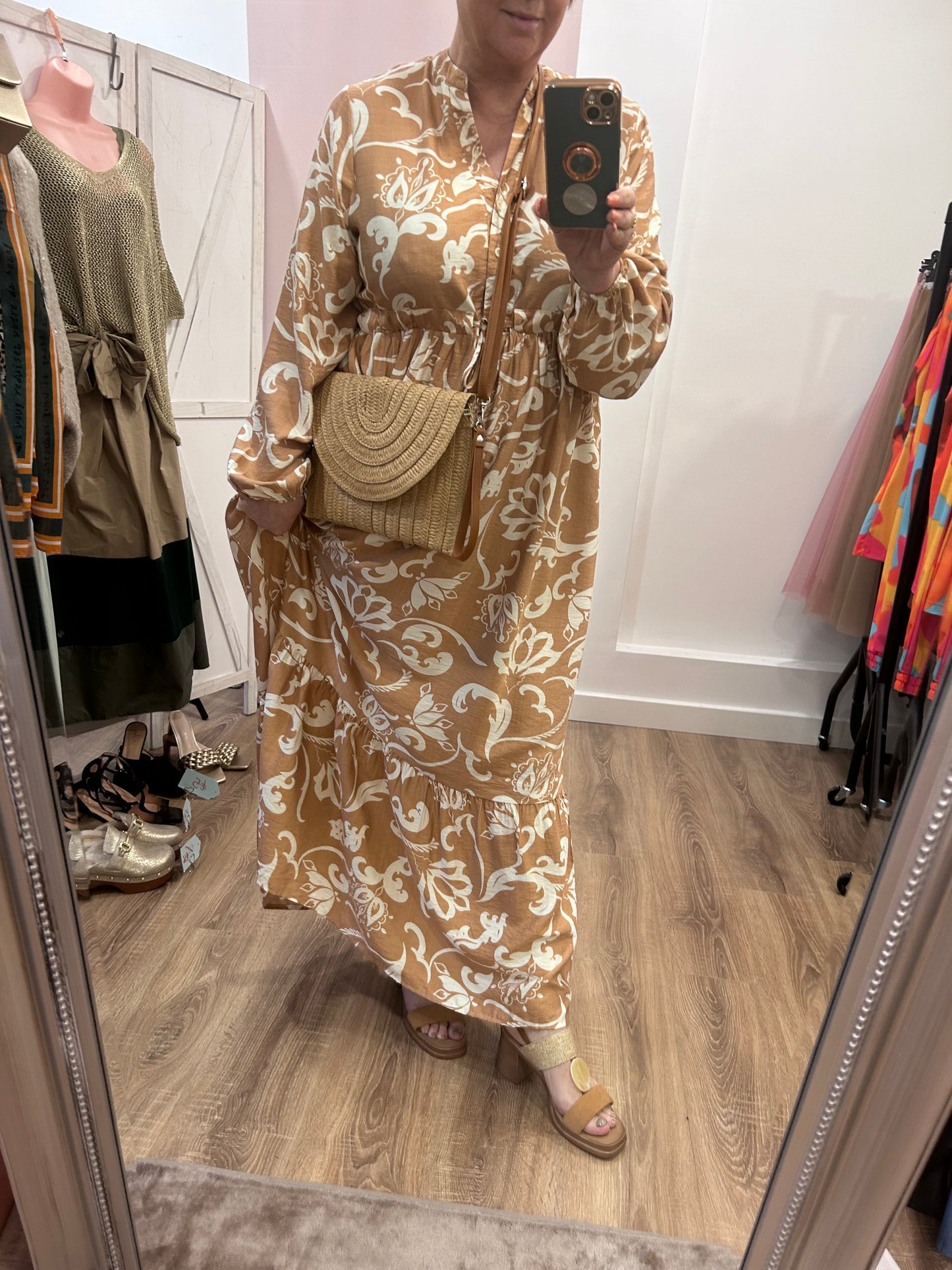Toffee and Cream Patterned Maxi Dress