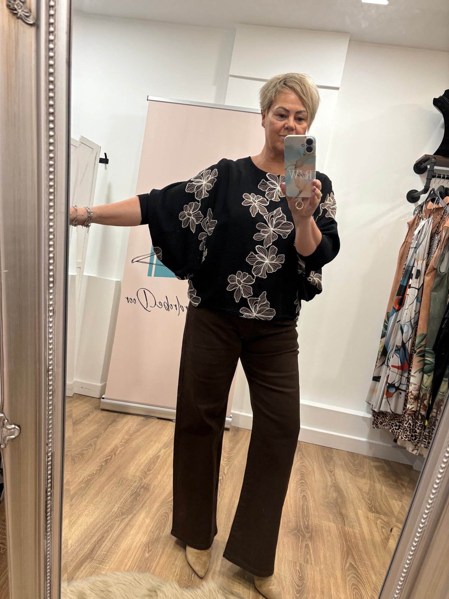 Flower Embroidered, Batwing Blouse