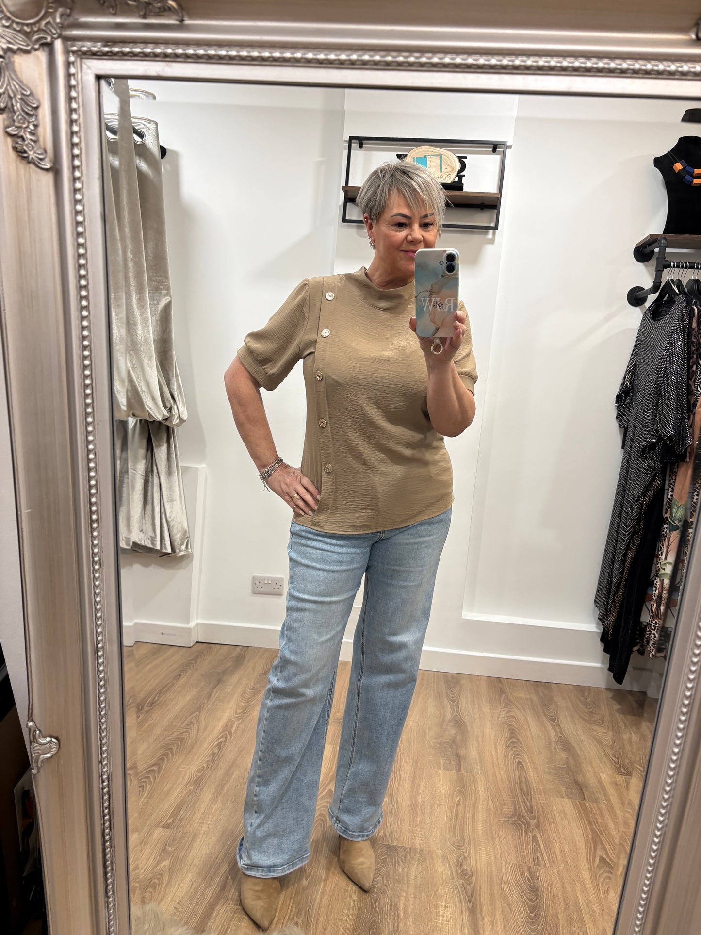 Side Button, Funnel Neck Blouse