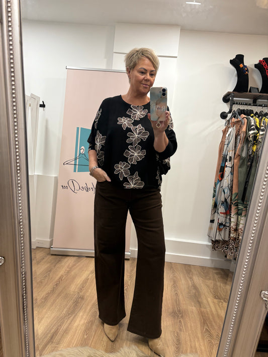 Flower Embroidered, Batwing Blouse