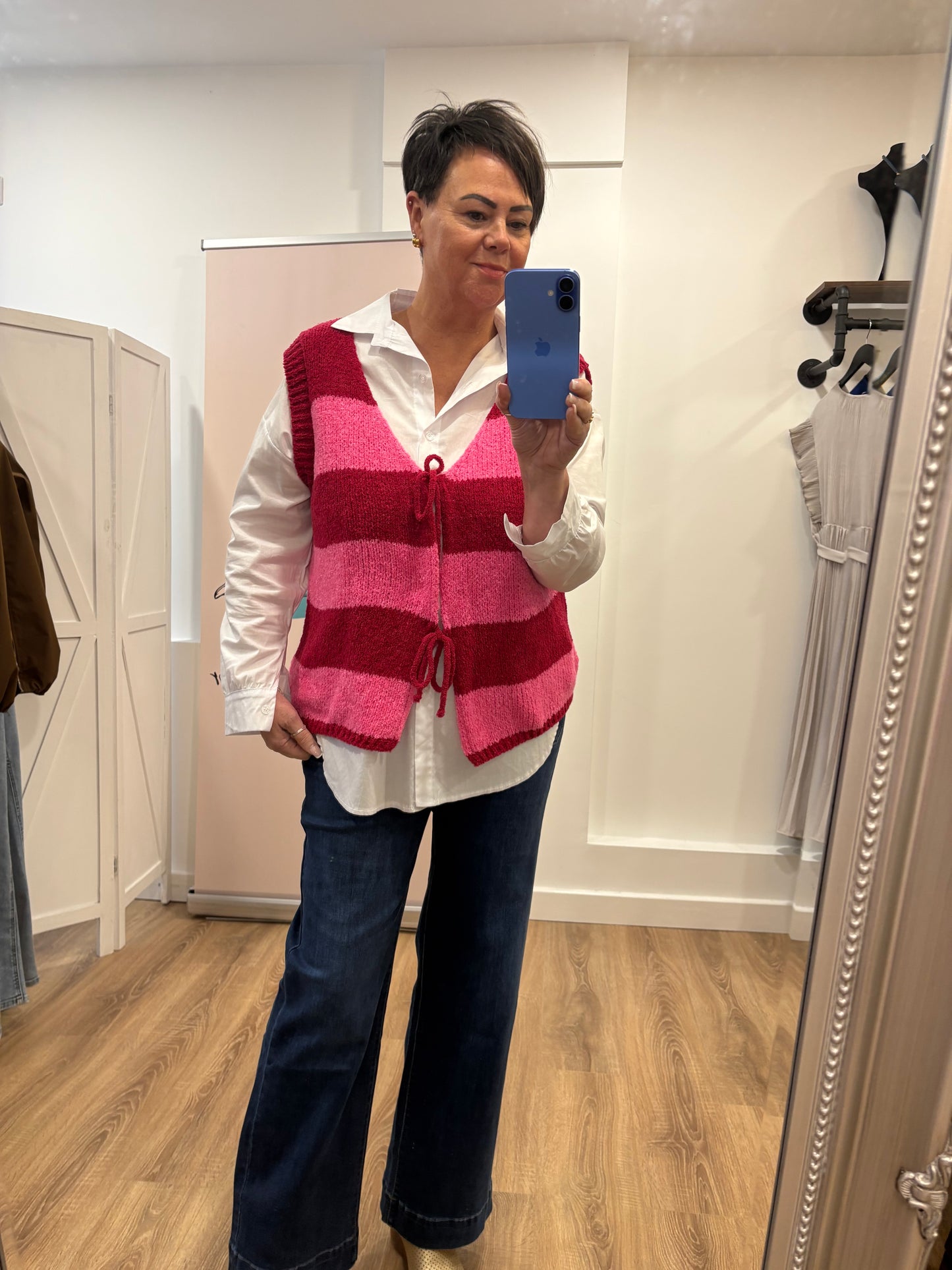 Striped, Sleeveless Cardigan with Tie Front