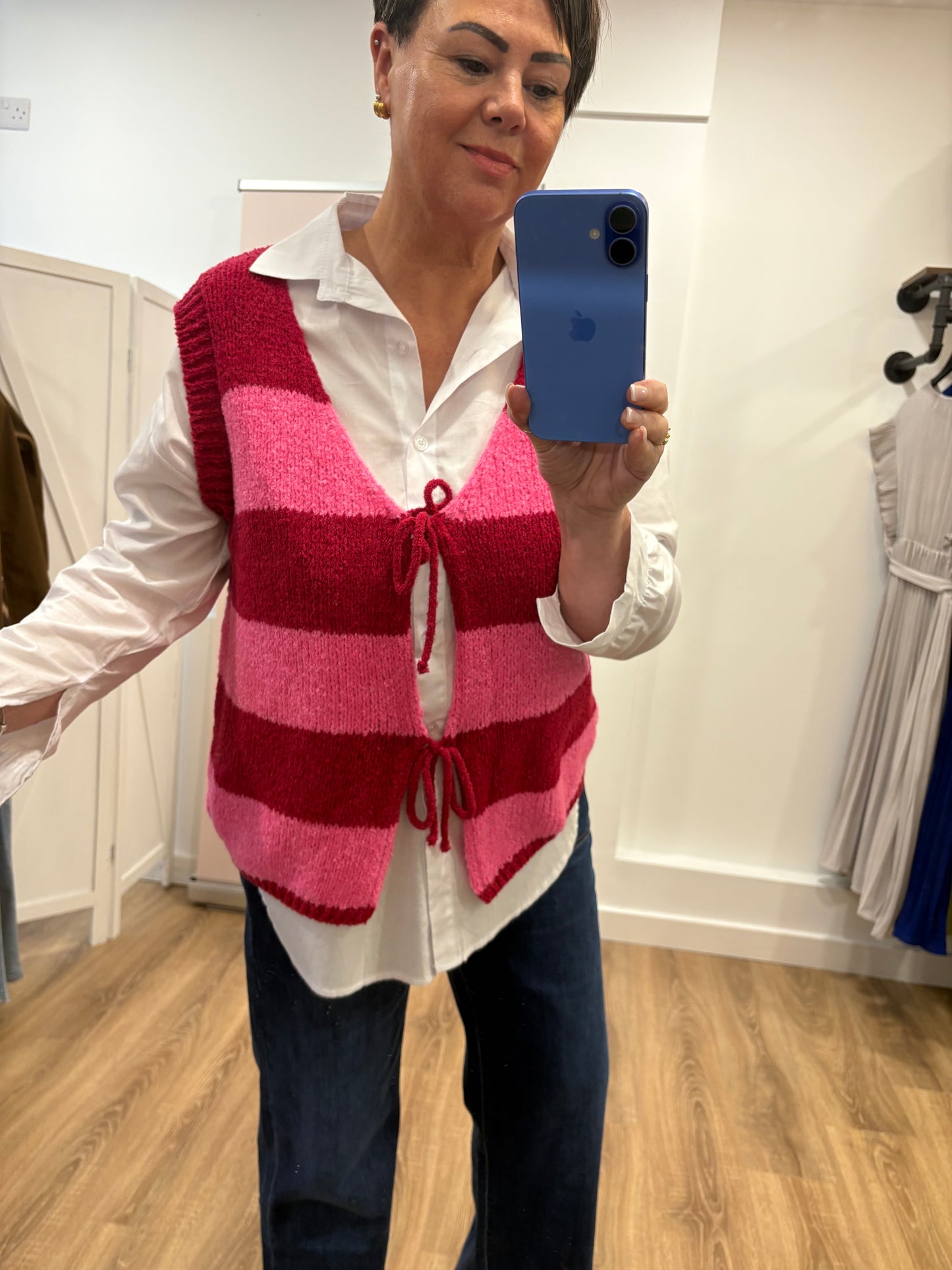 Striped, Sleeveless Cardigan with Tie Front