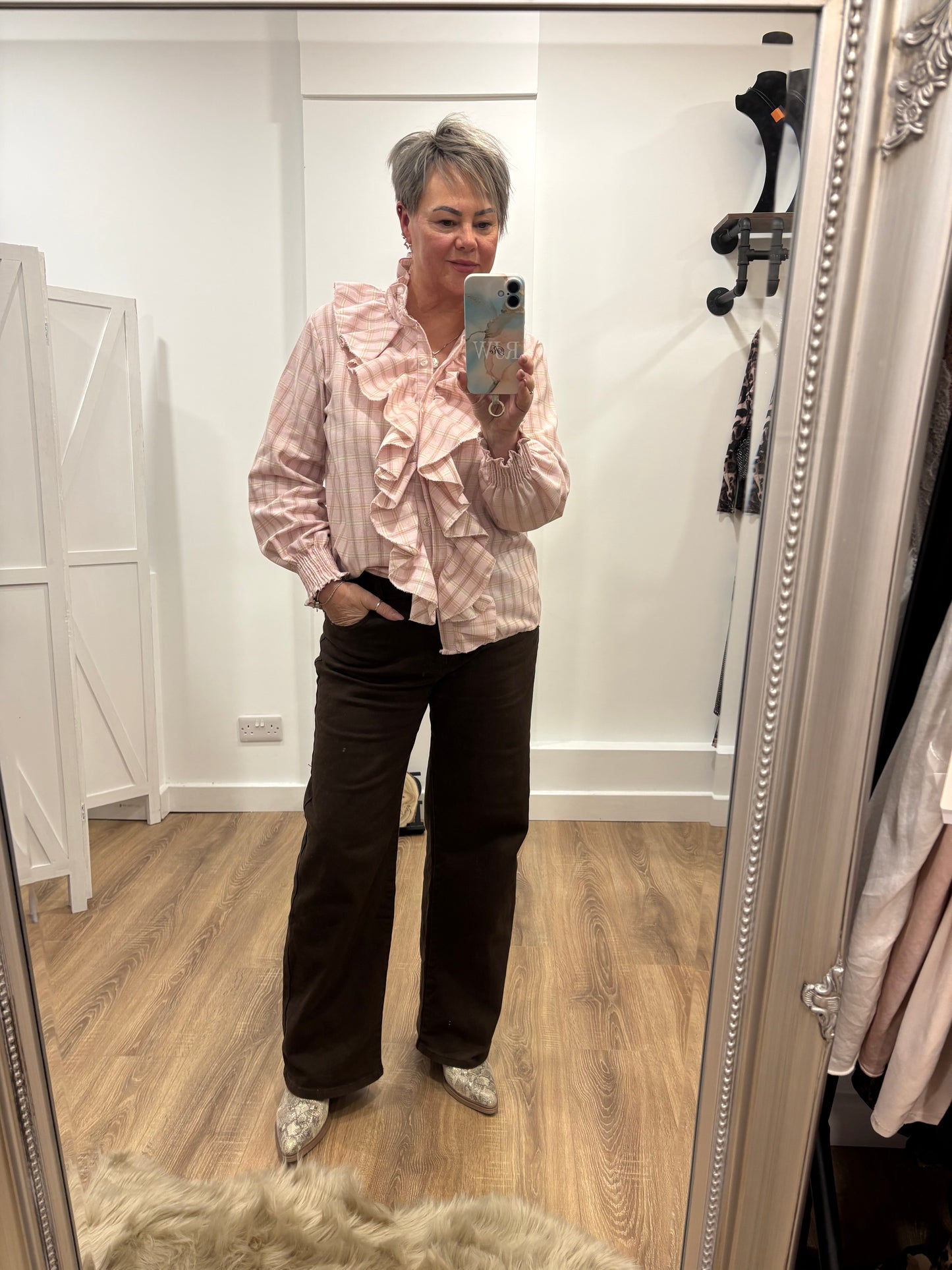 Check, Frill Front Blouse